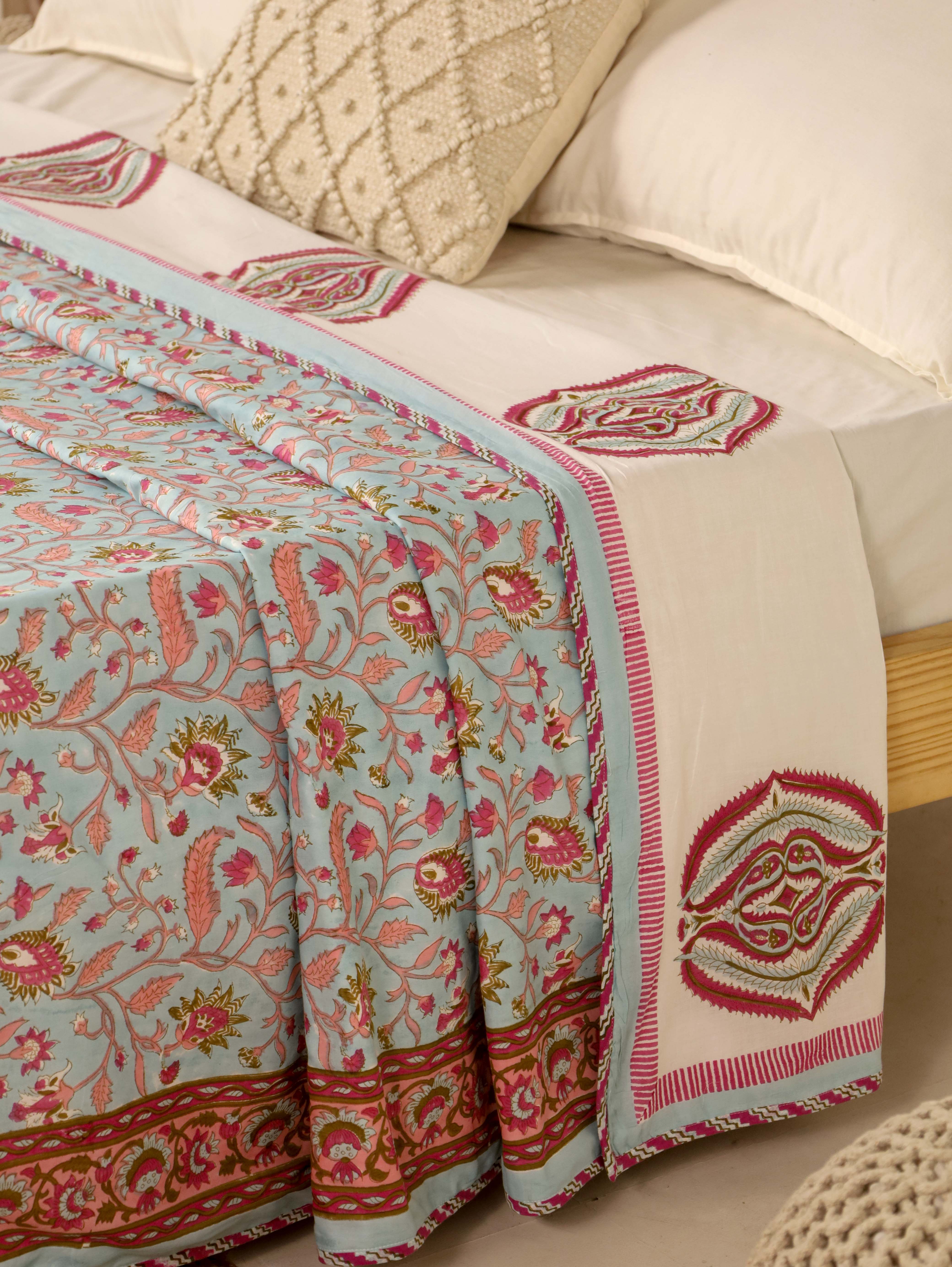 Light Blue and Maroon Dohar Reversible Bed Spreader