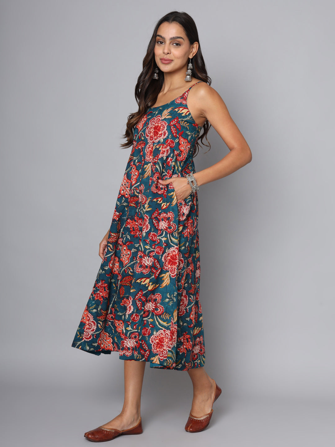 Shuddhi bottle green and Red Spaghetti Dress