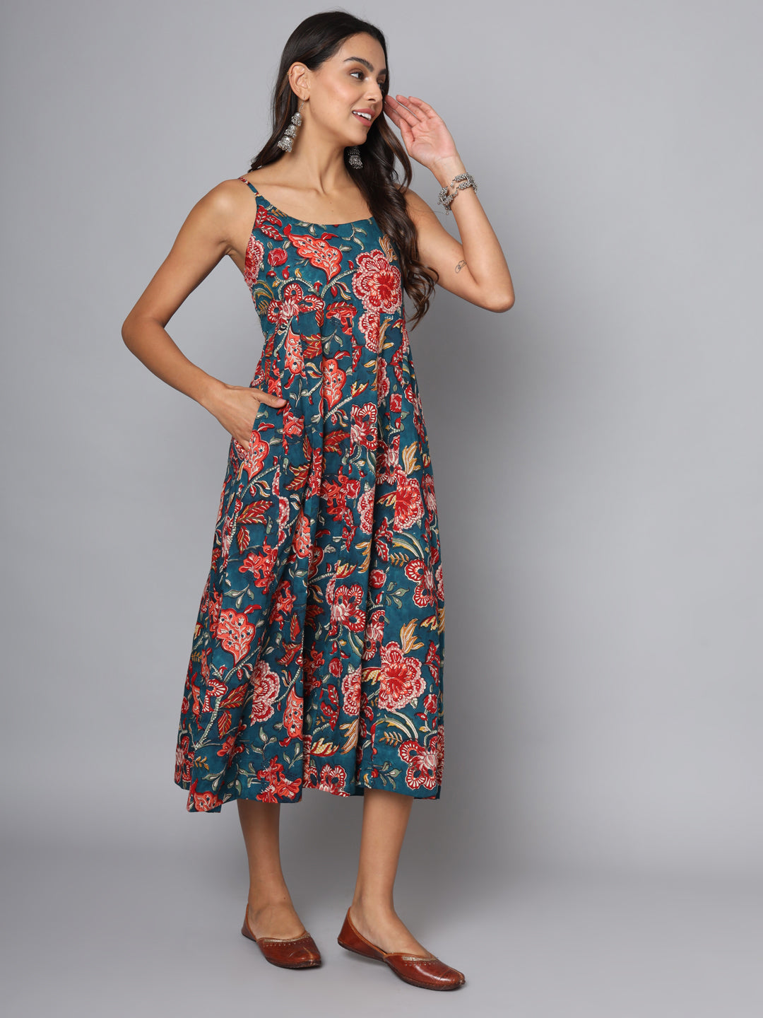 Shuddhi bottle green and Red Spaghetti Dress