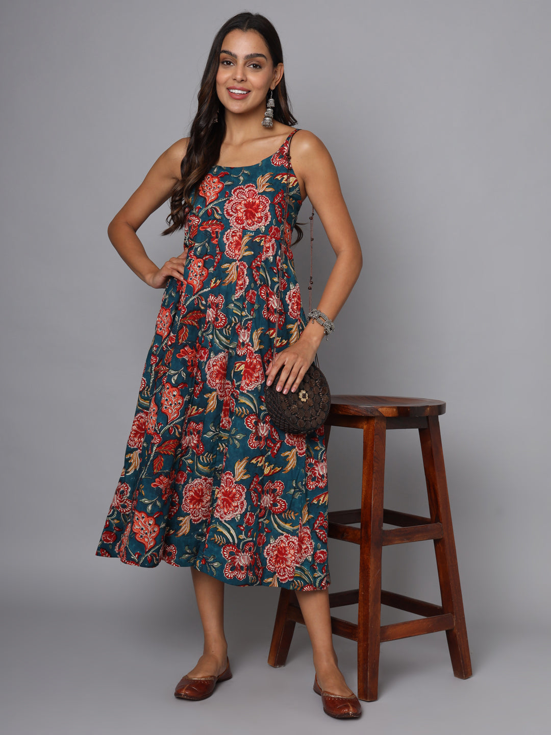 Shuddhi bottle green and Red Spaghetti Dress