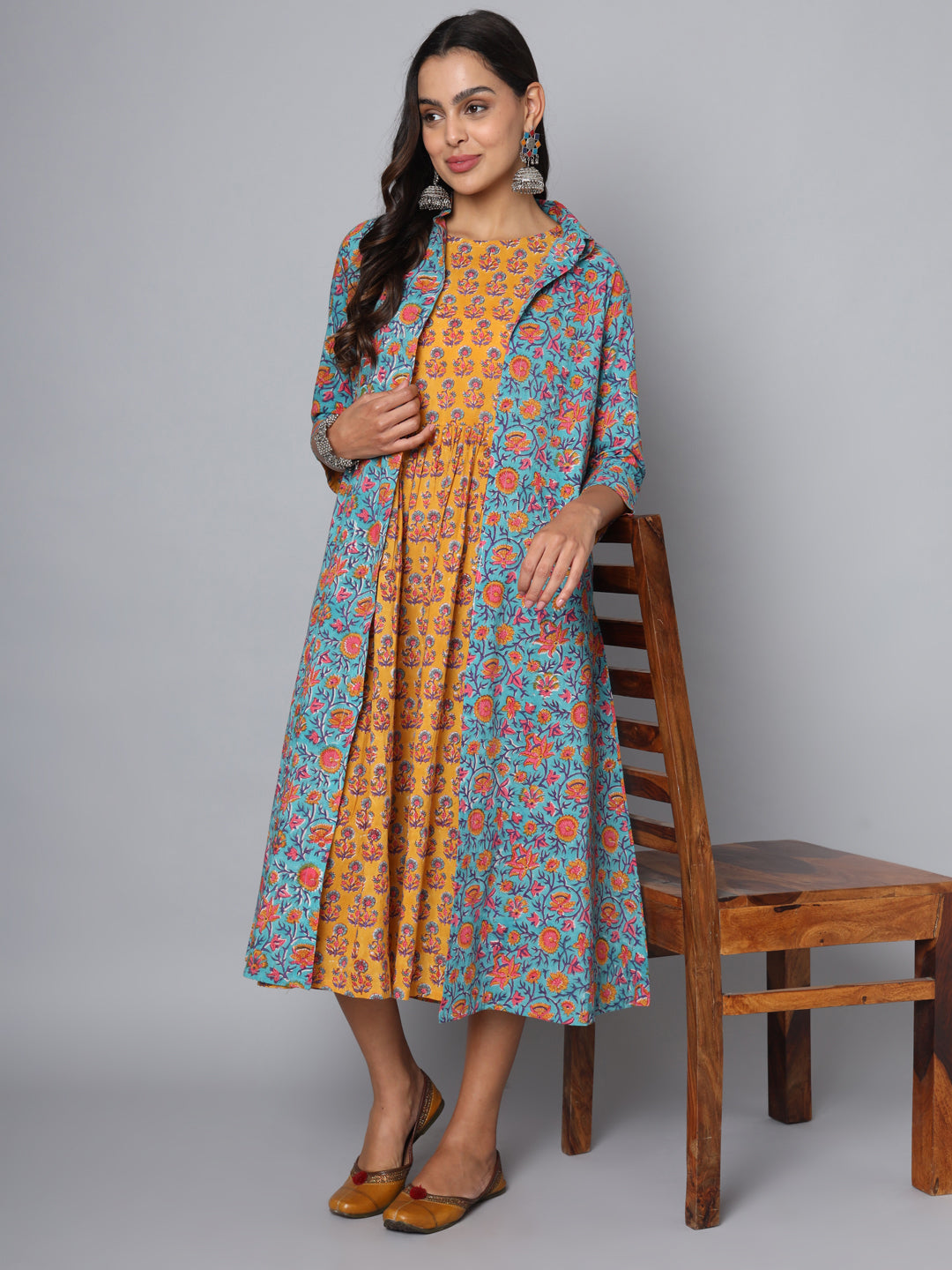 Shuddhi Sea Green and Yellow Double Dress