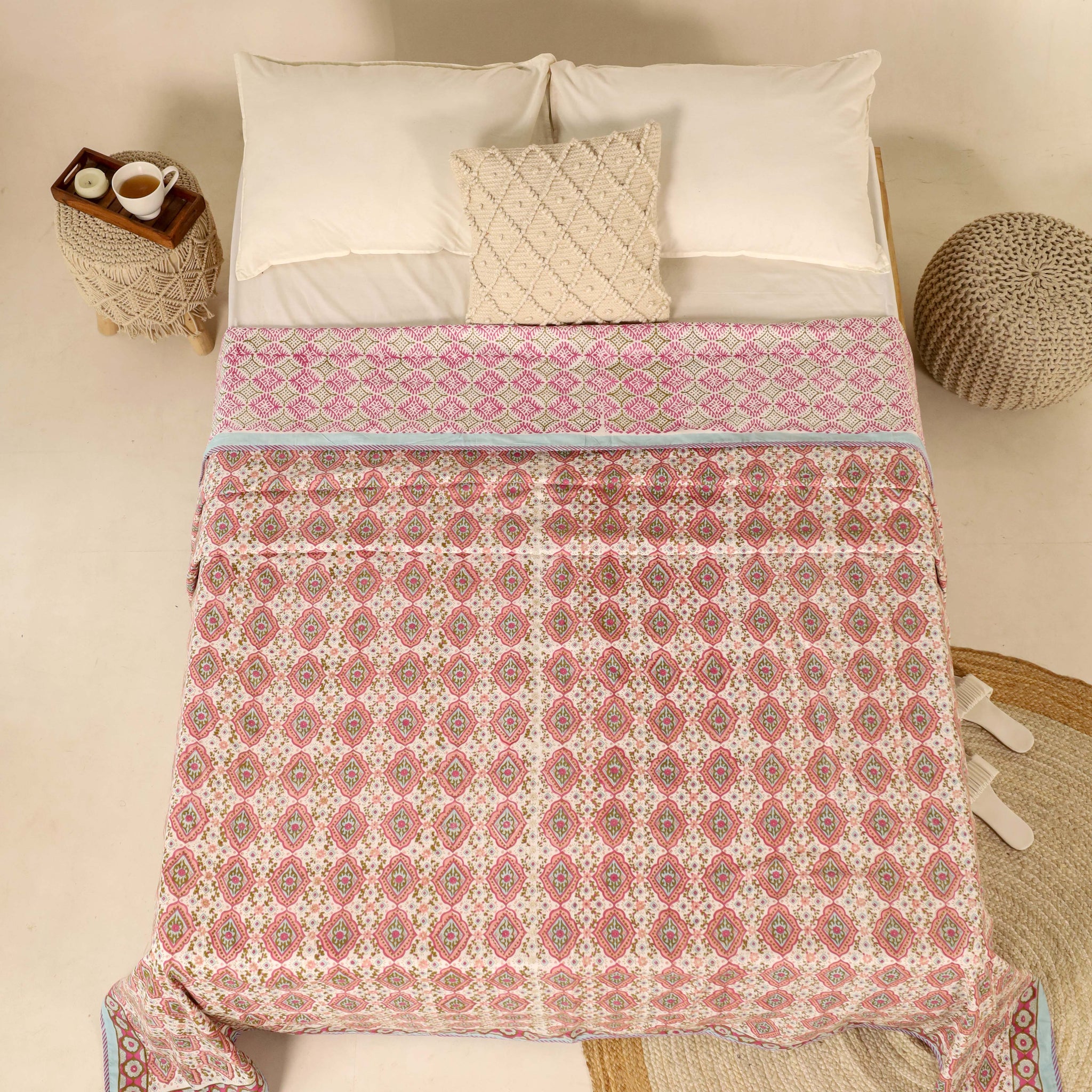 Off White and Peach Dohar Reversible Bed Spreader