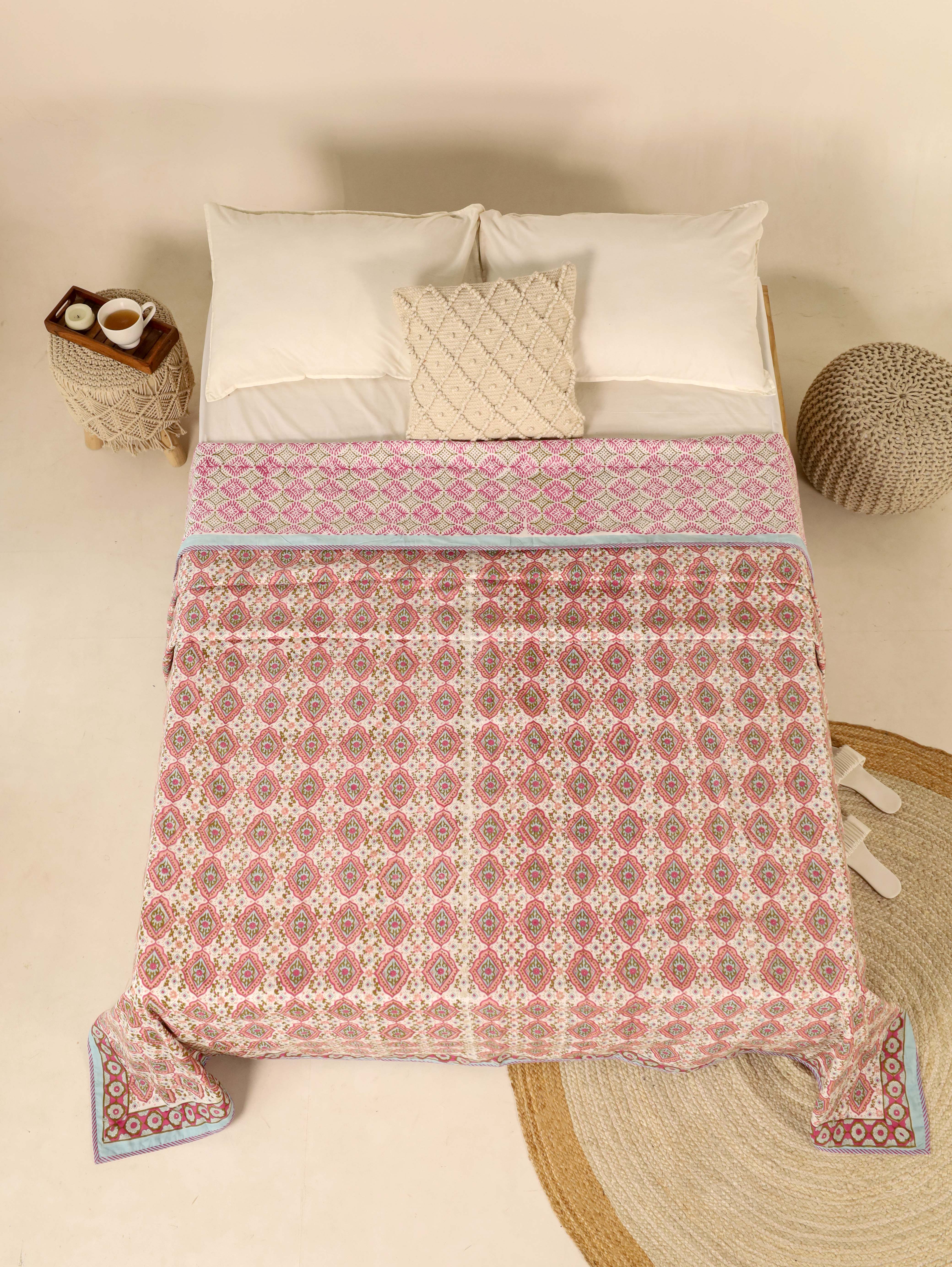 Off White and Peach Dohar Reversible Bed Spreader