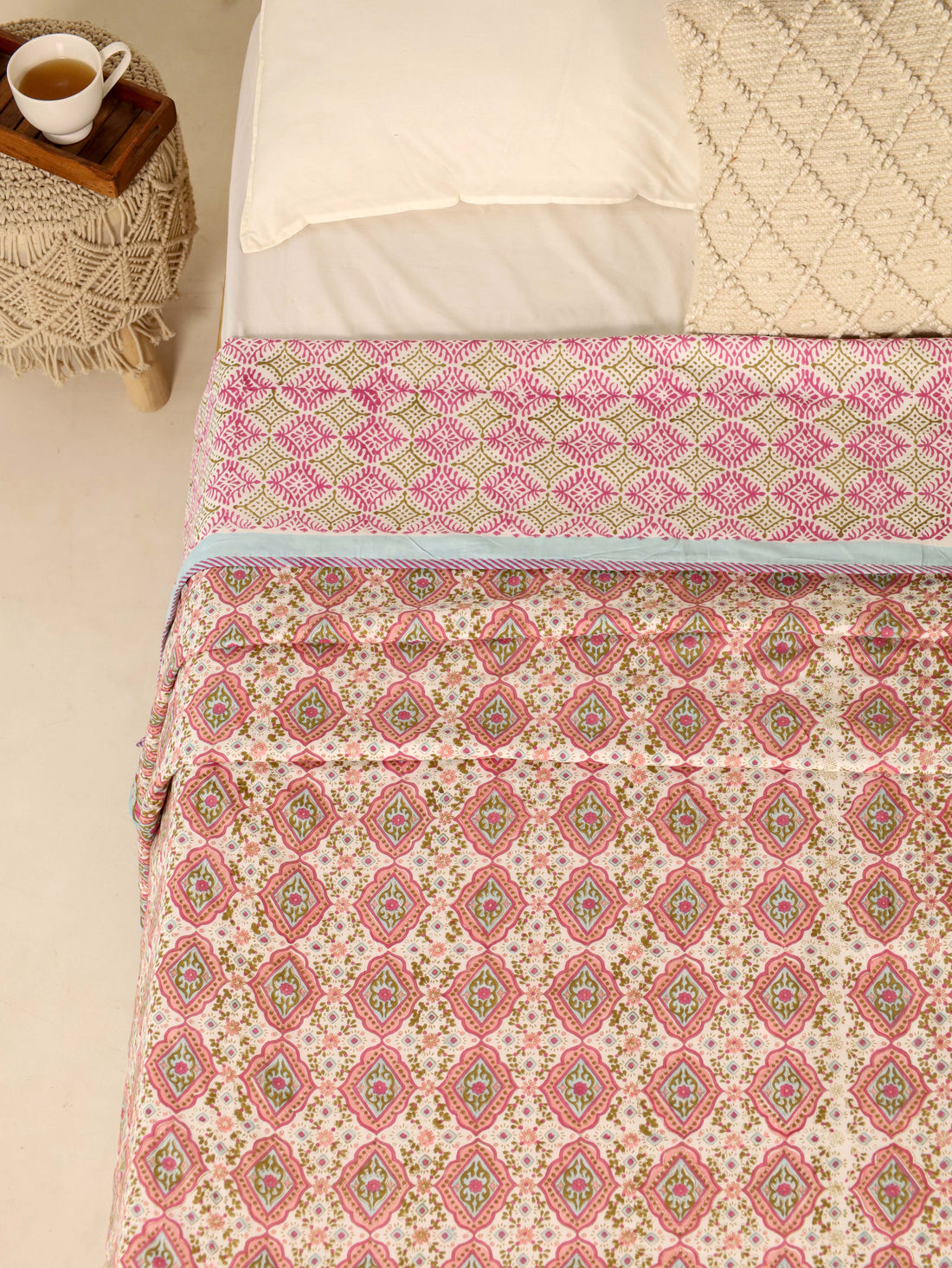 Off White and Peach Dohar Reversible Bed Spreader