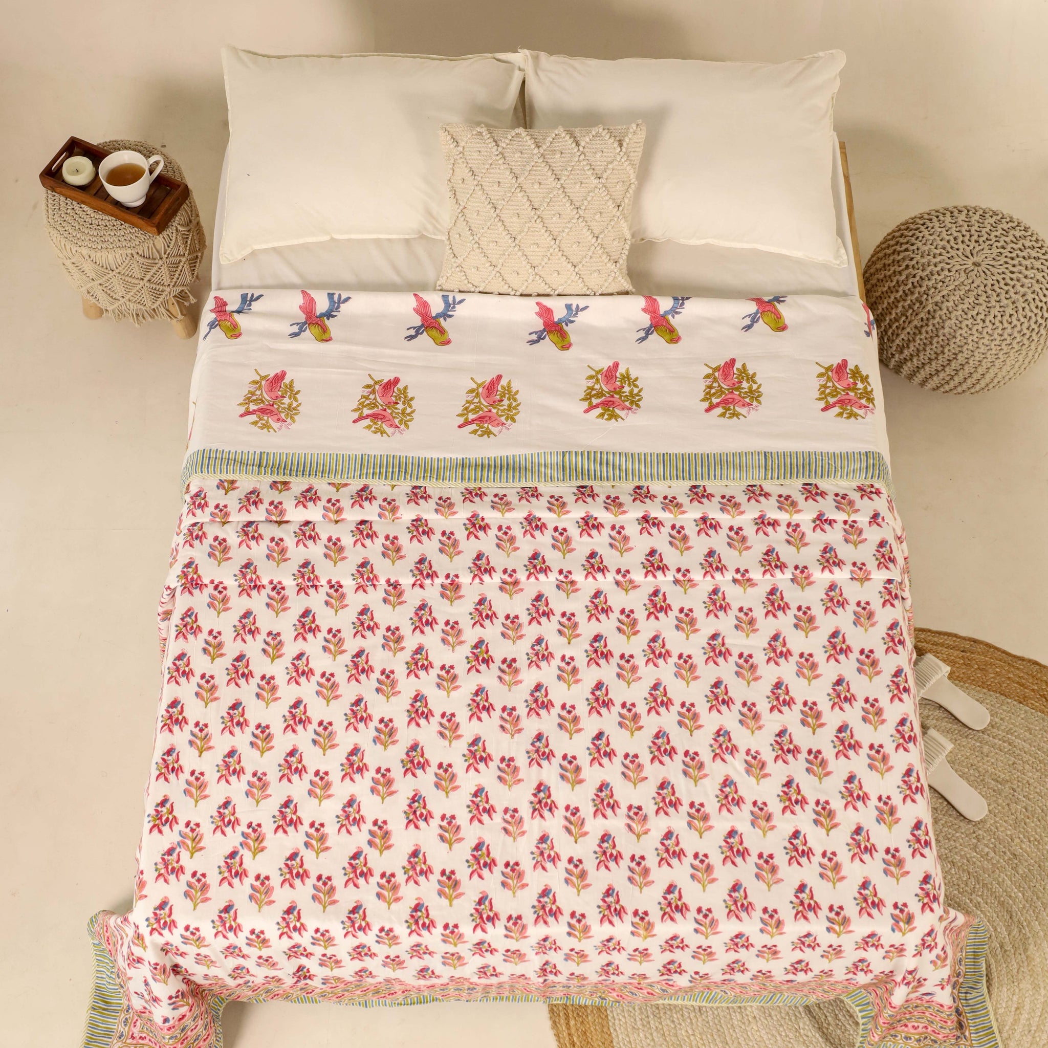White and Red Dohar Reversible Bed Spreader