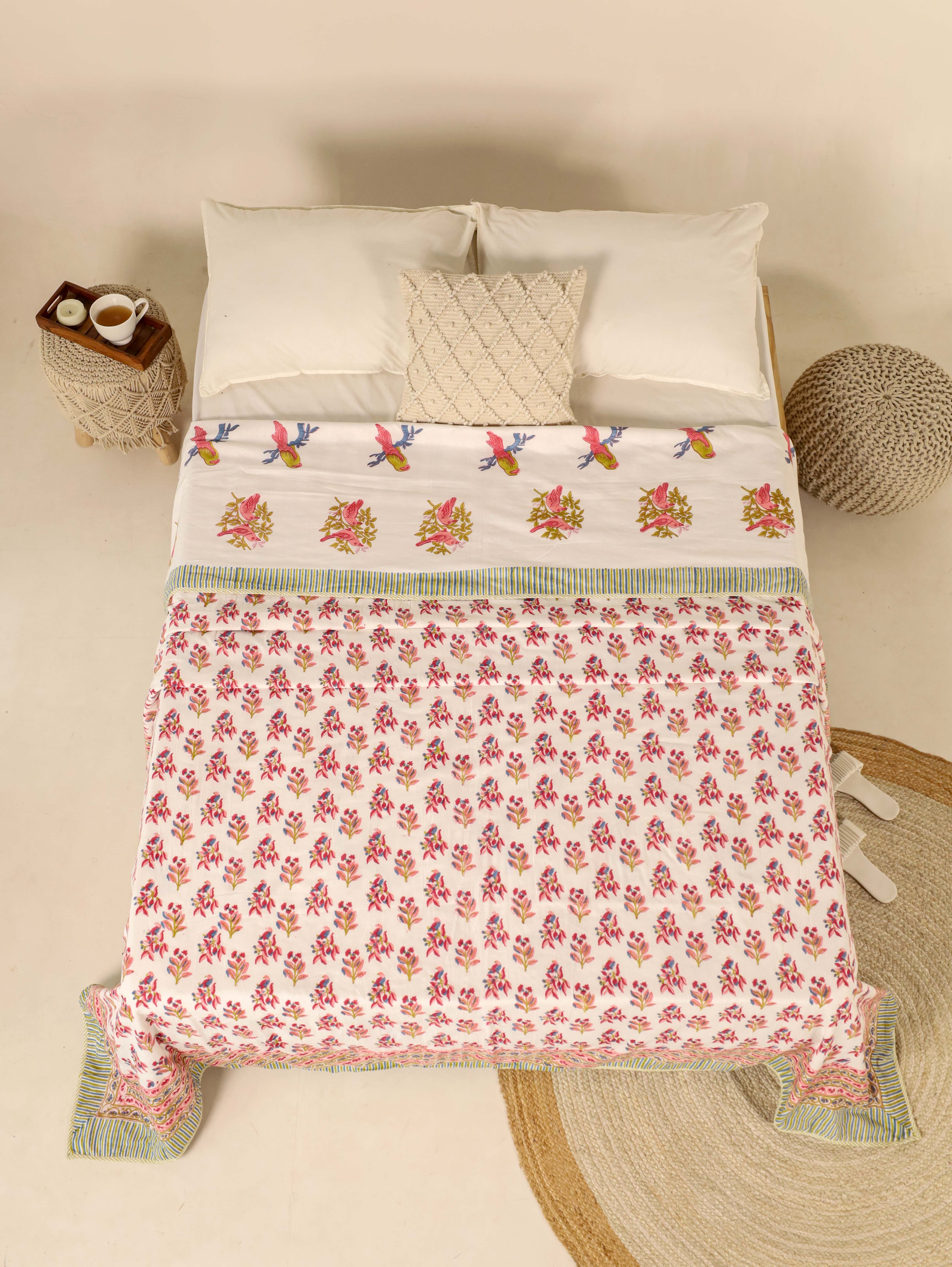 White and Red Dohar Reversible Bed Spreader