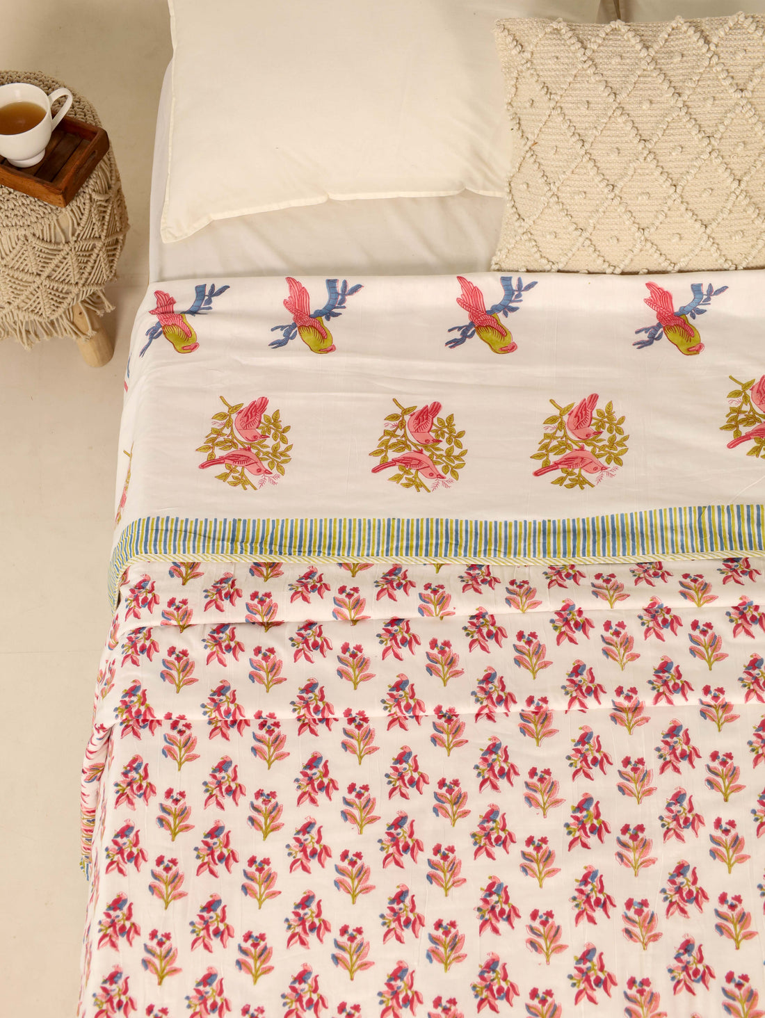 White and Red Dohar Reversible Bed Spreader