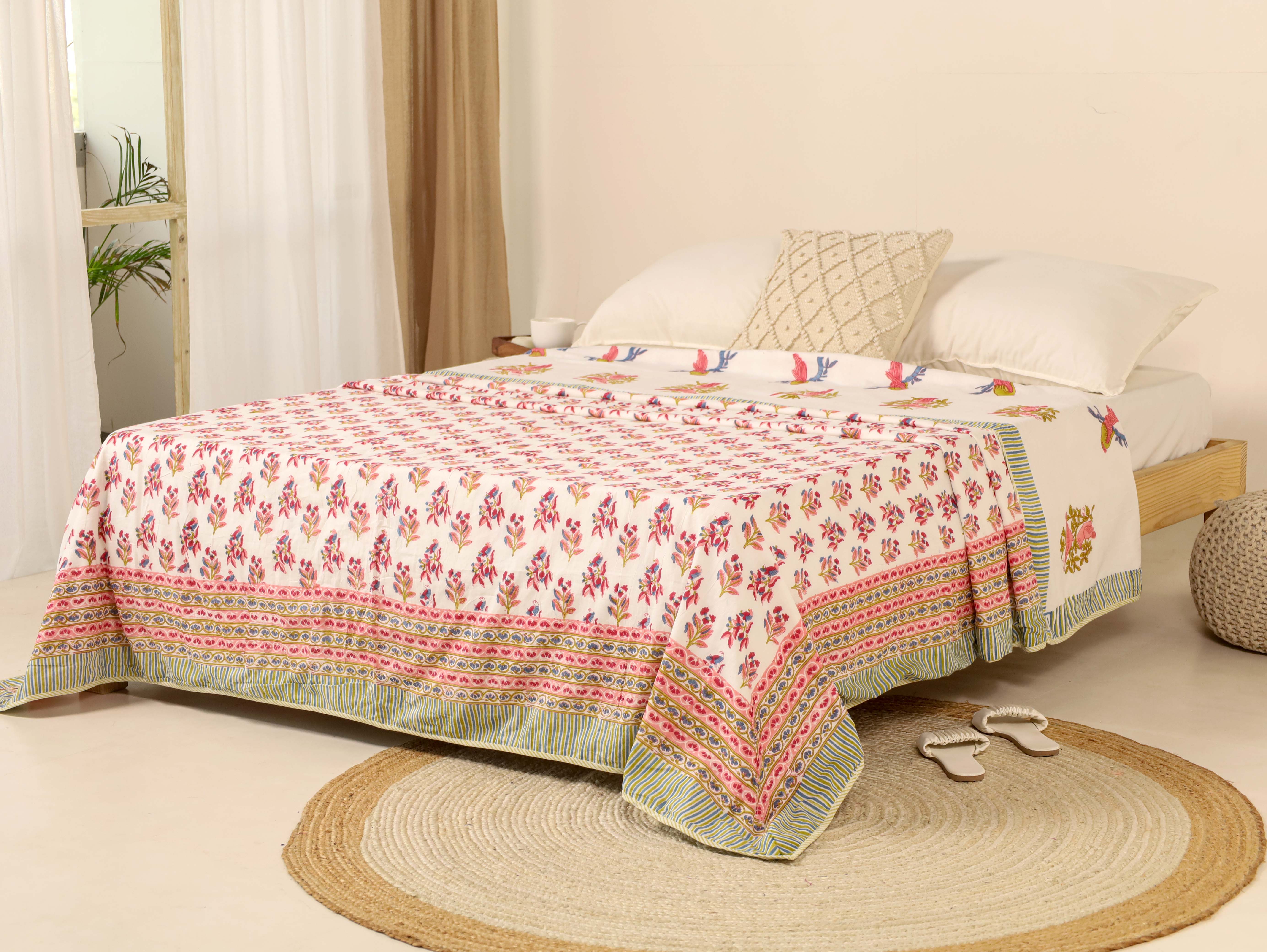 White and Red Dohar Reversible Bed Spreader