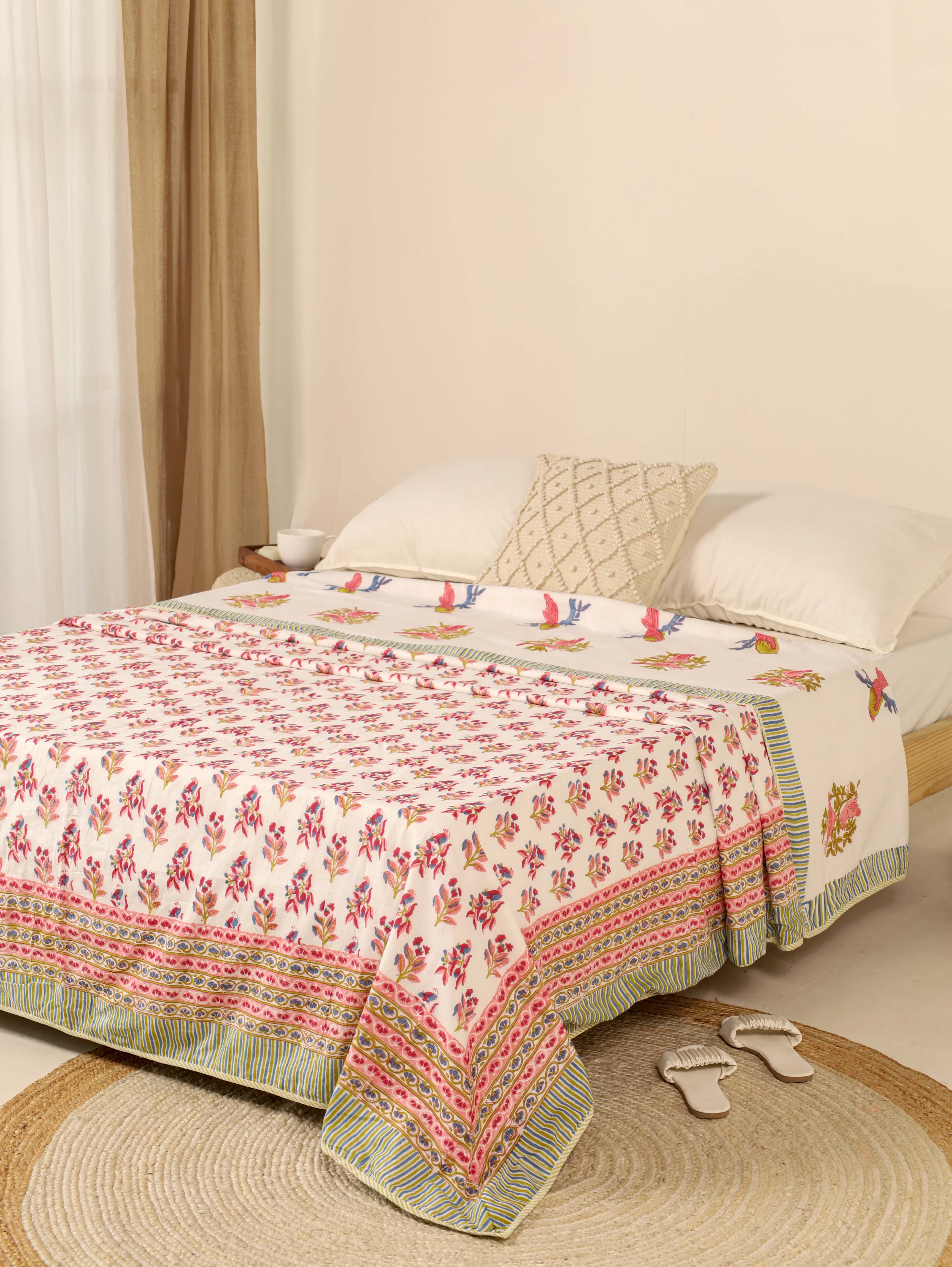 White and Red Dohar Reversible Bed Spreader