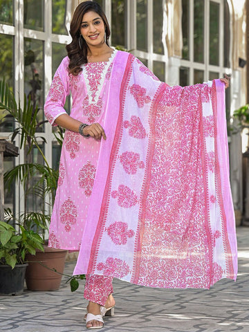 Label khoj women Cotton print kurta SetPINK Color