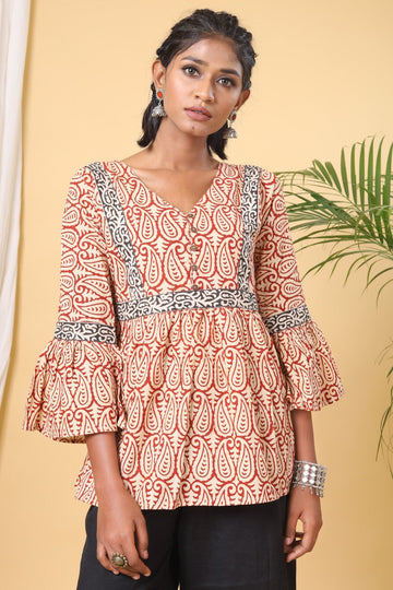 Rust Handblock Printed Short Top
