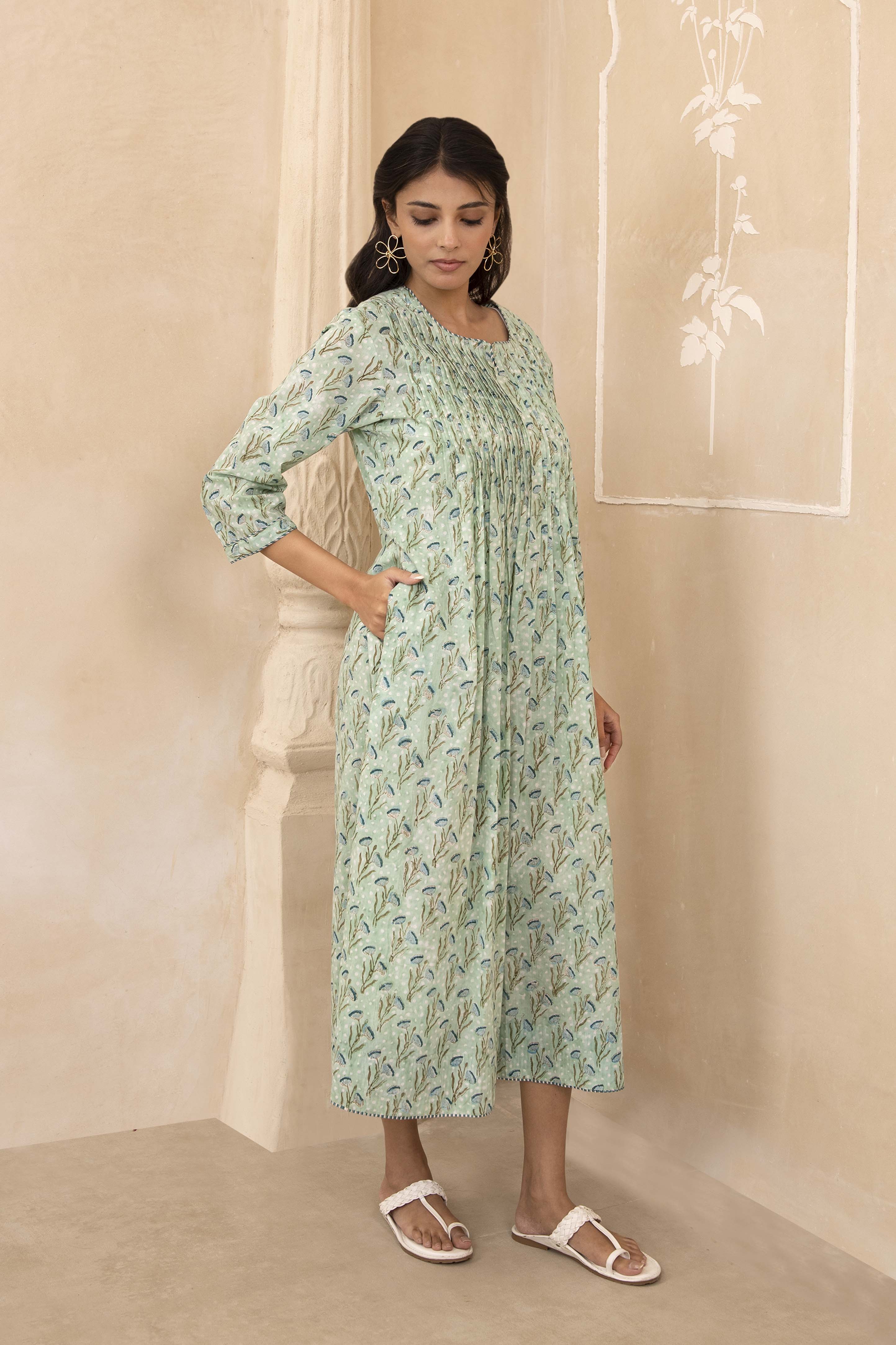 Mint Green Handblock Pleated Dress