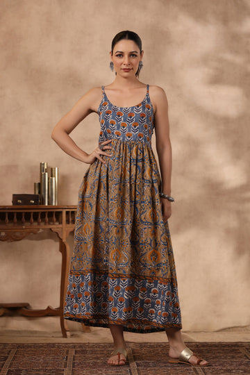 Shuddhi BlUE and Brown Spaghetti Dress