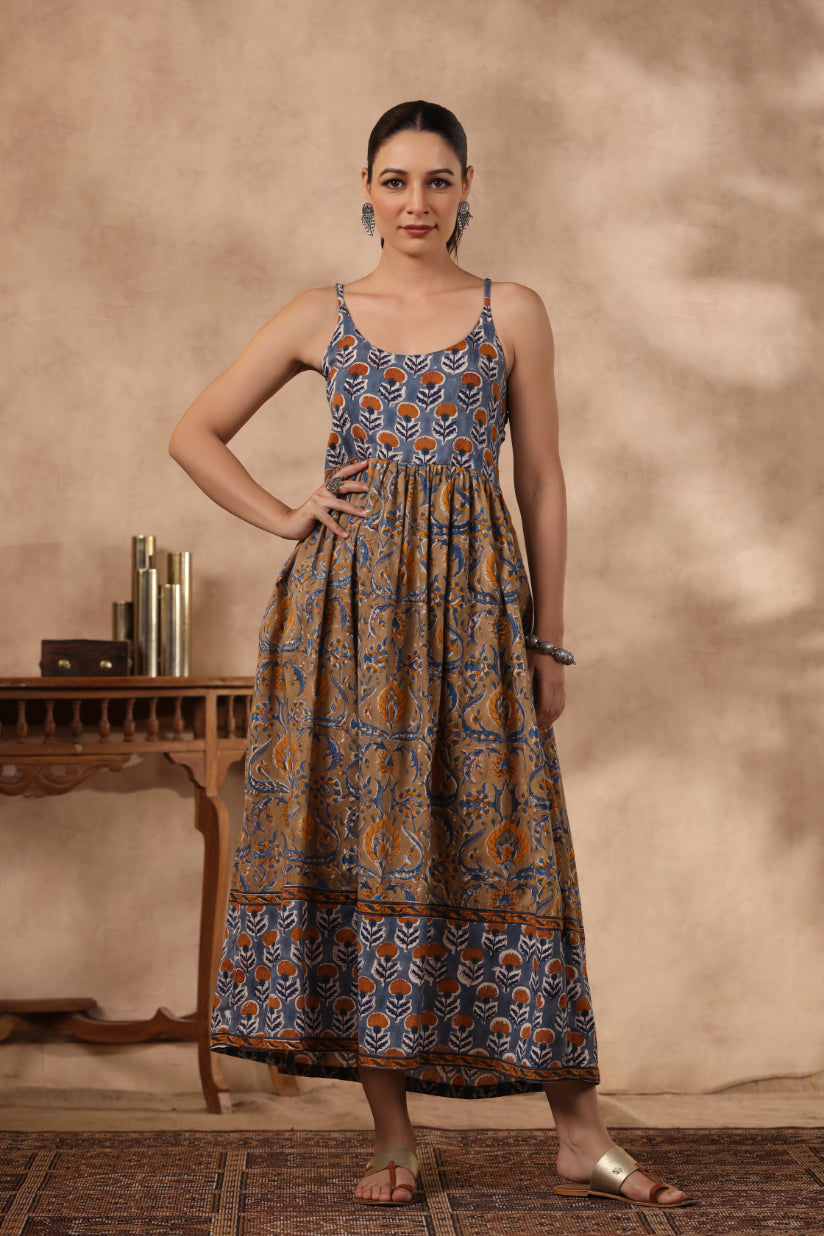 Shuddhi BlUE and Brown Spaghetti Dress