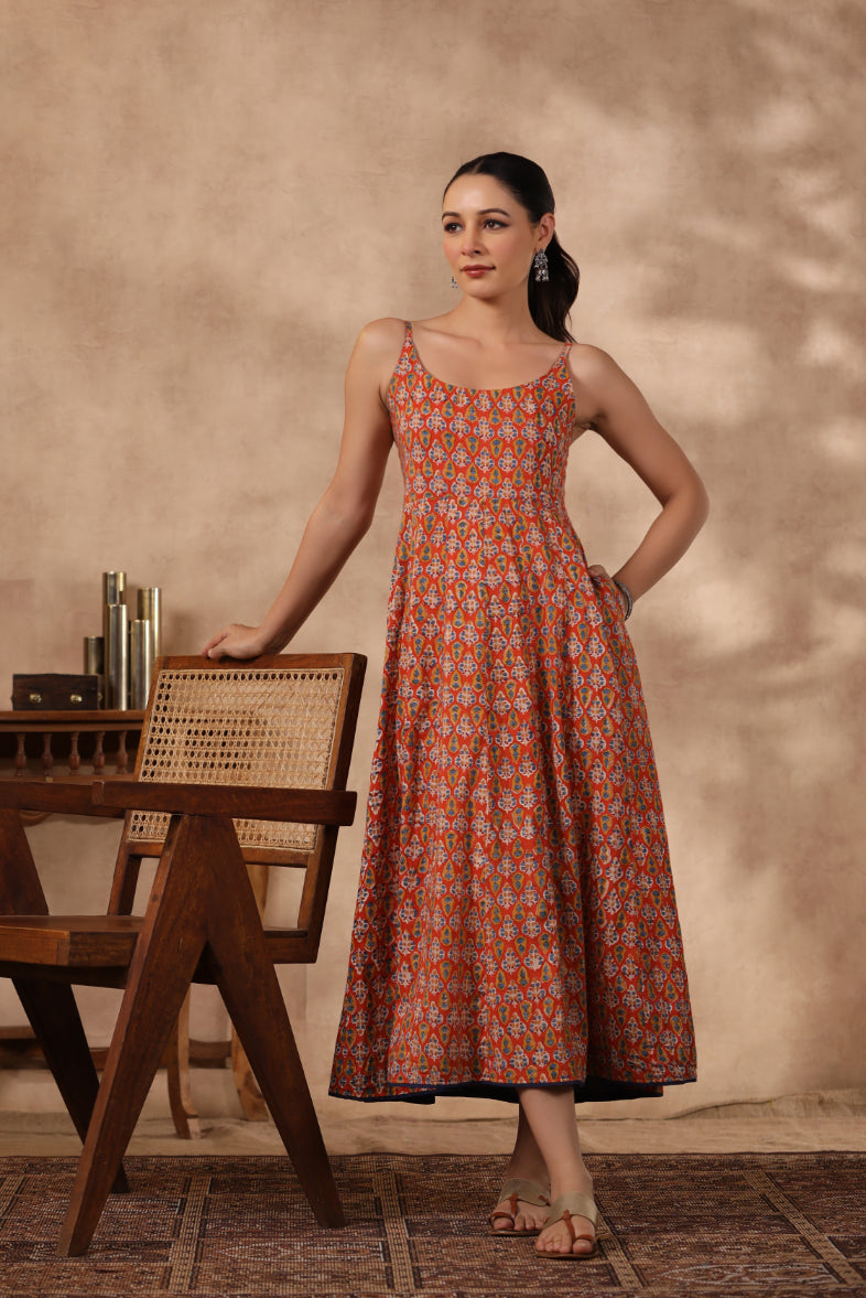 Shuddhi Orange and Blue Spaghetti Dress