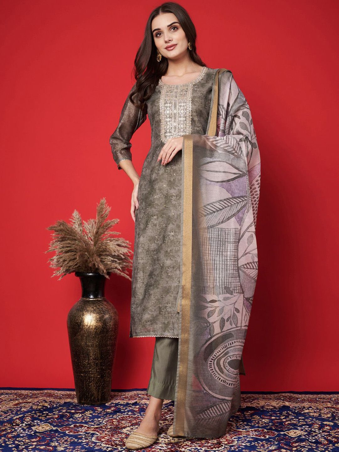 Label khoj chanderi kurta with bottom and dupptta setGreen Color