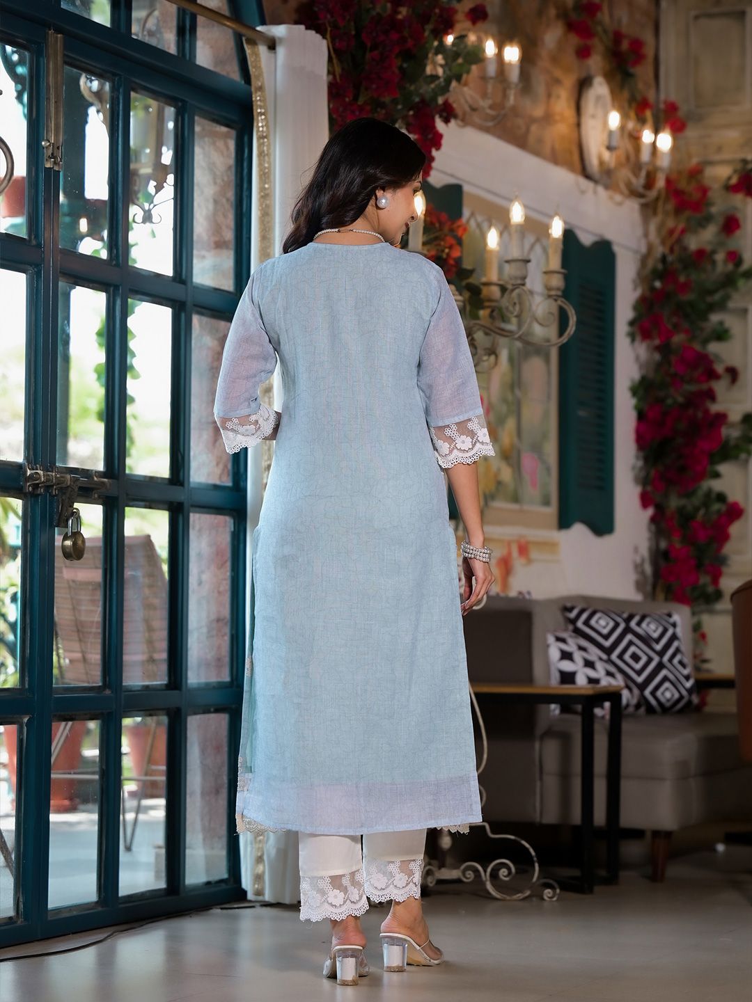 Label Khoj Women Lilen Digital print kurta, trouser and dupptta set