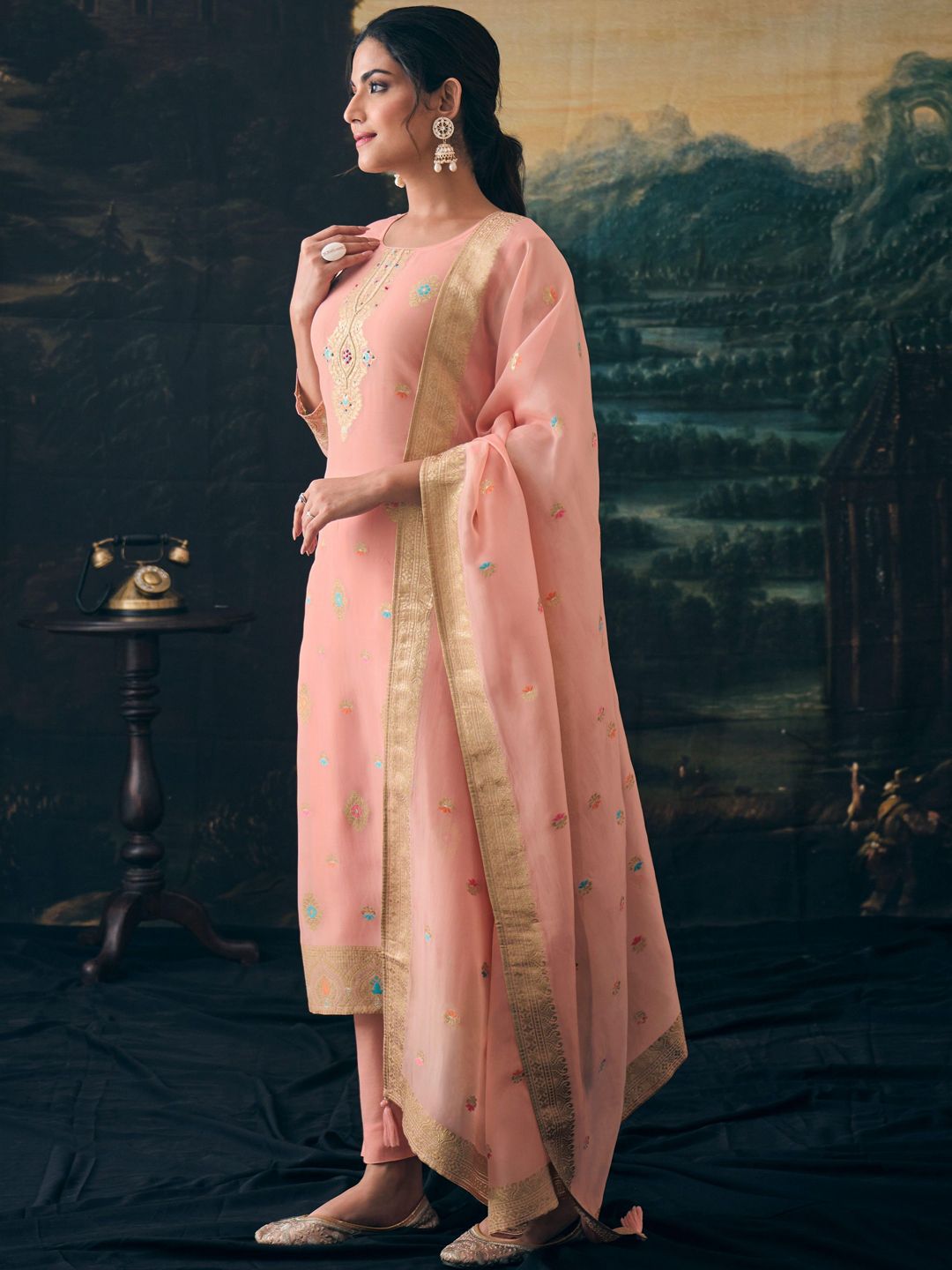 Label khoj Women pure jacquard kurta, trouser and dupptta set