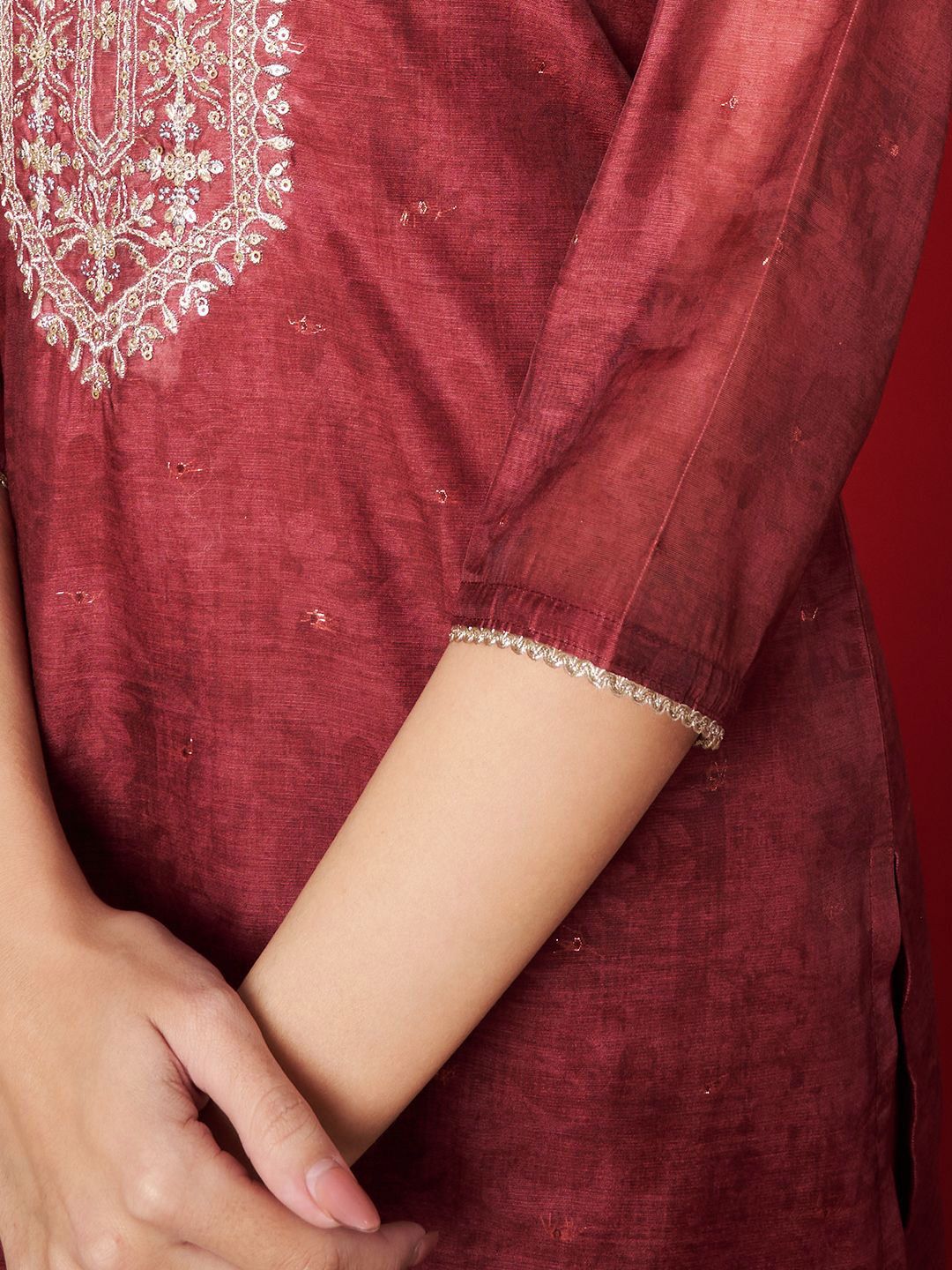 Label khoj chanderi kurta with bottom and dupptta setMaroon Color