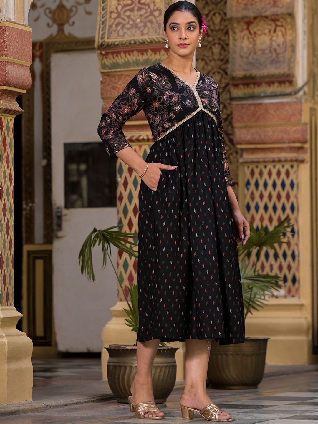 Label Khoj Women Rayon print A line Alia kurta with Pocket