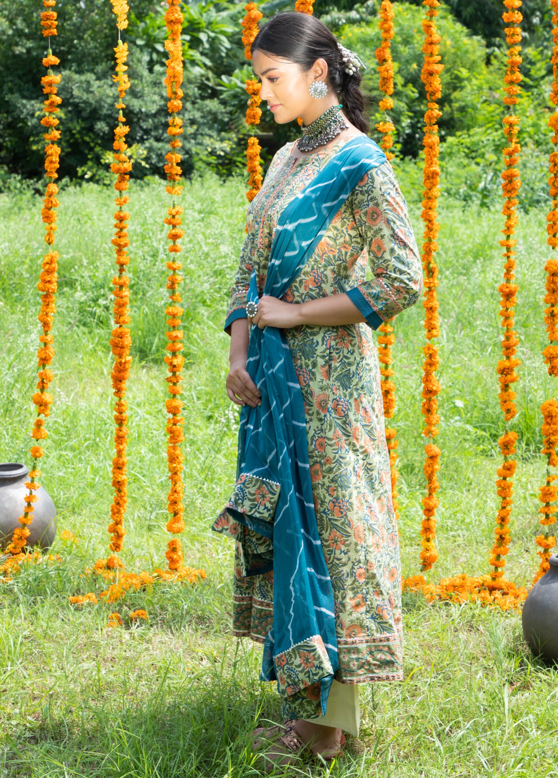 Shuddhi Green And Orange Anarkali And Duppatta Set