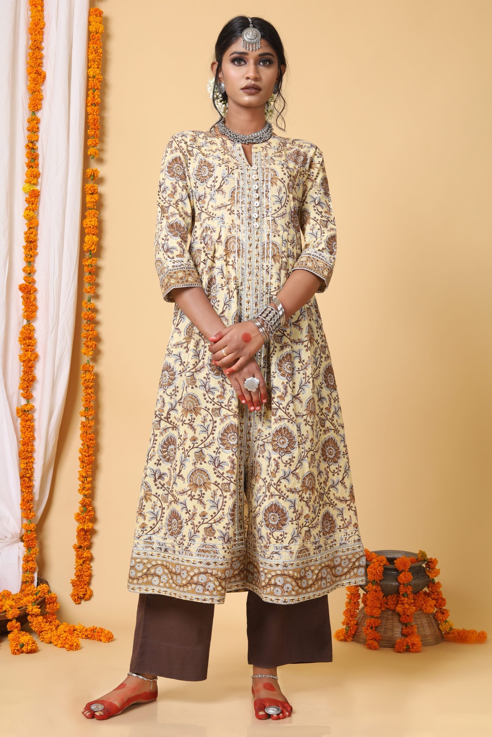 Beige and Brown Aline Handblock printed Kurta