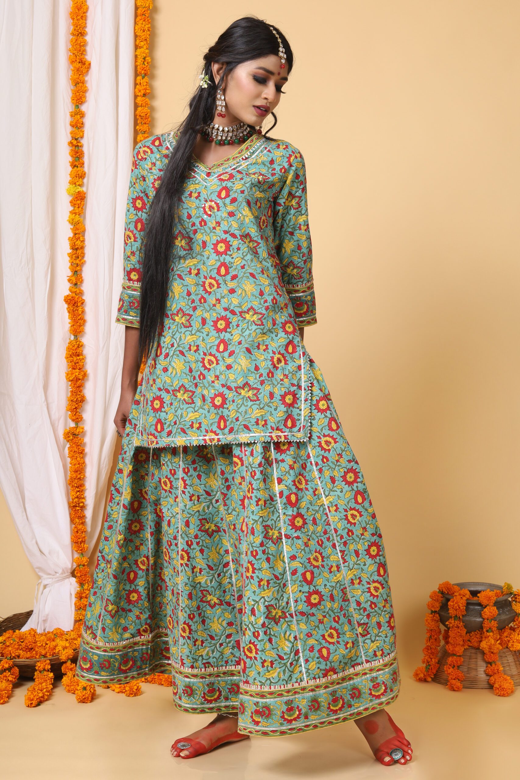 Sea Green and red handblock printed skirt, kurta and Duppatta set