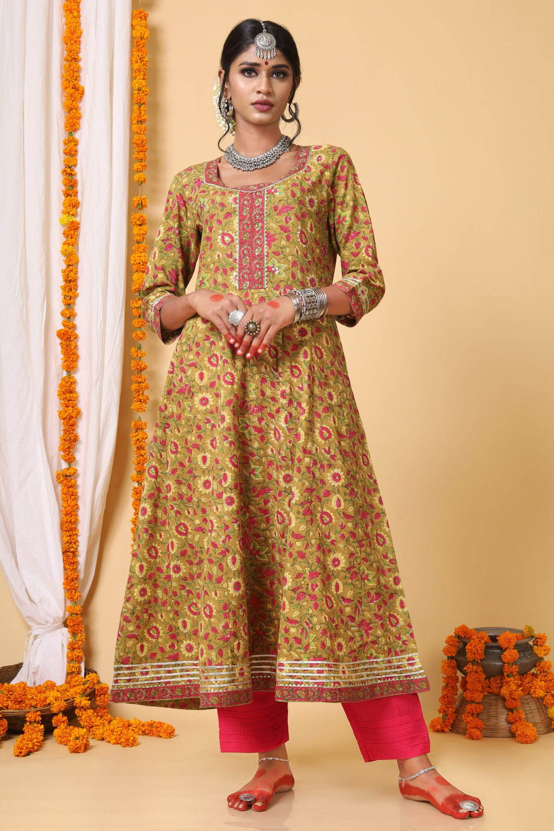 Mustard and Yellow Handblock Printed Anarkali With Bhandej Duppatta