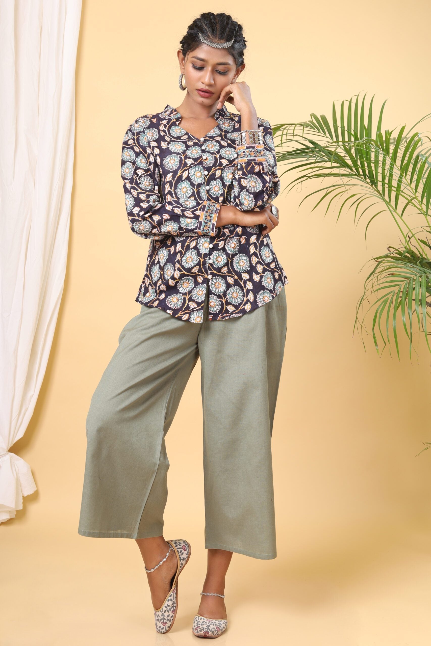 Black Handblock Printed Floral Shirt Button Down Top
