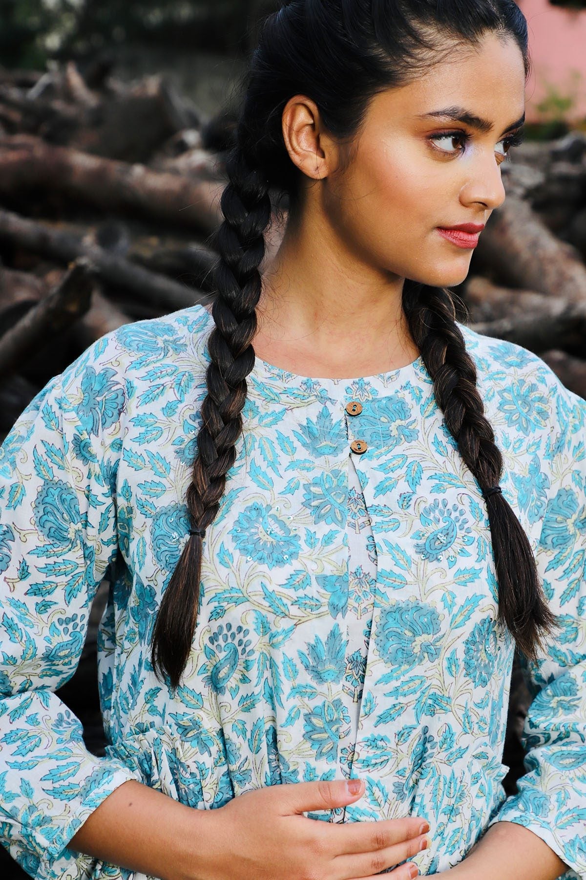 Off white and sea green handblock printed double top.