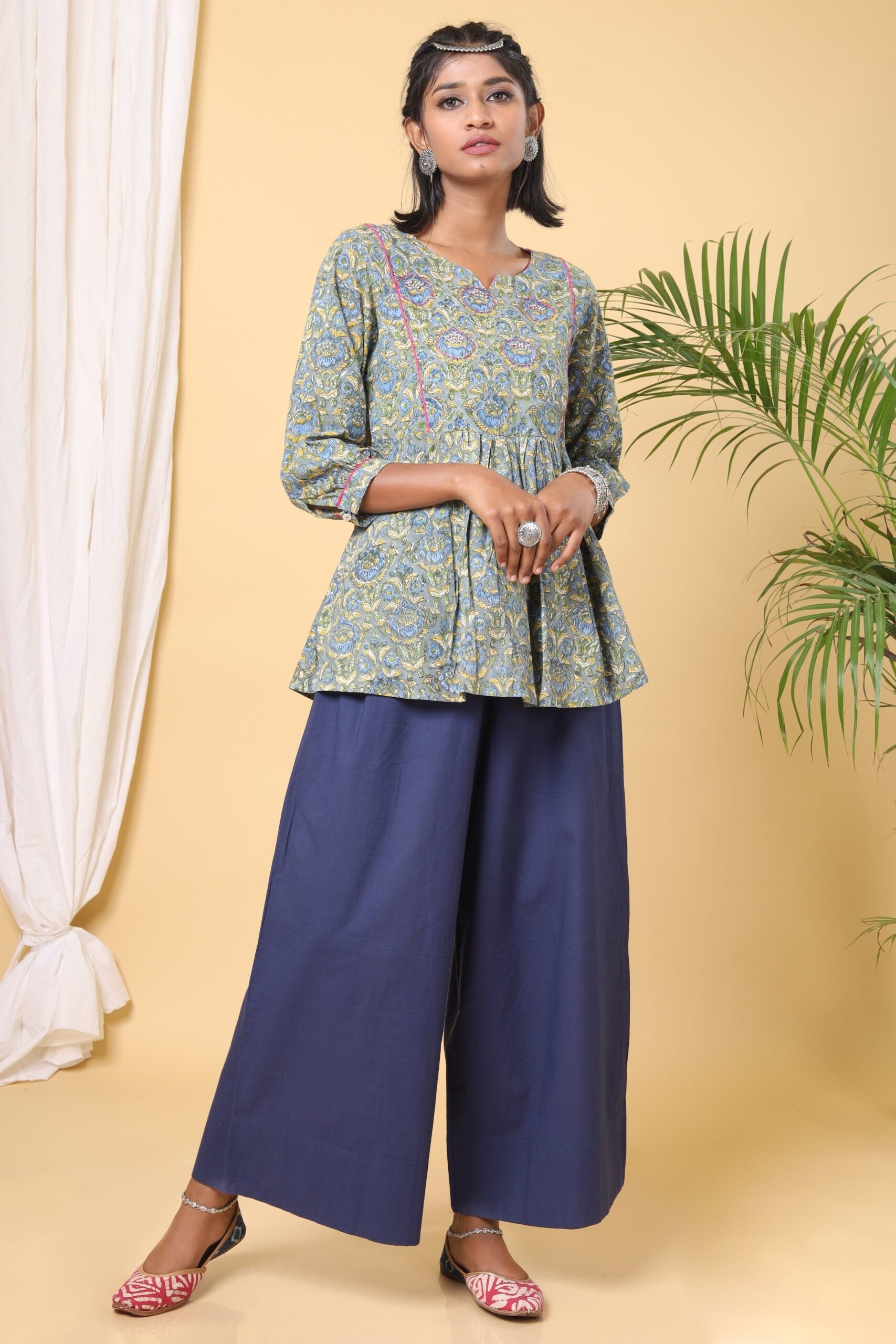 Green and Yellow handblock printed short top