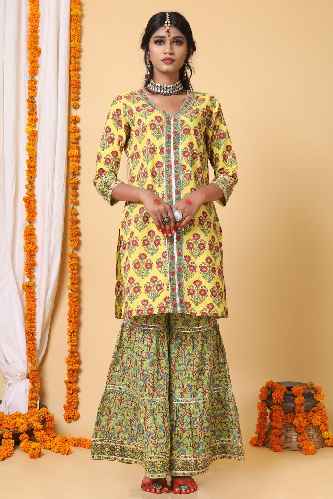 Yellow and Green Sharara Set