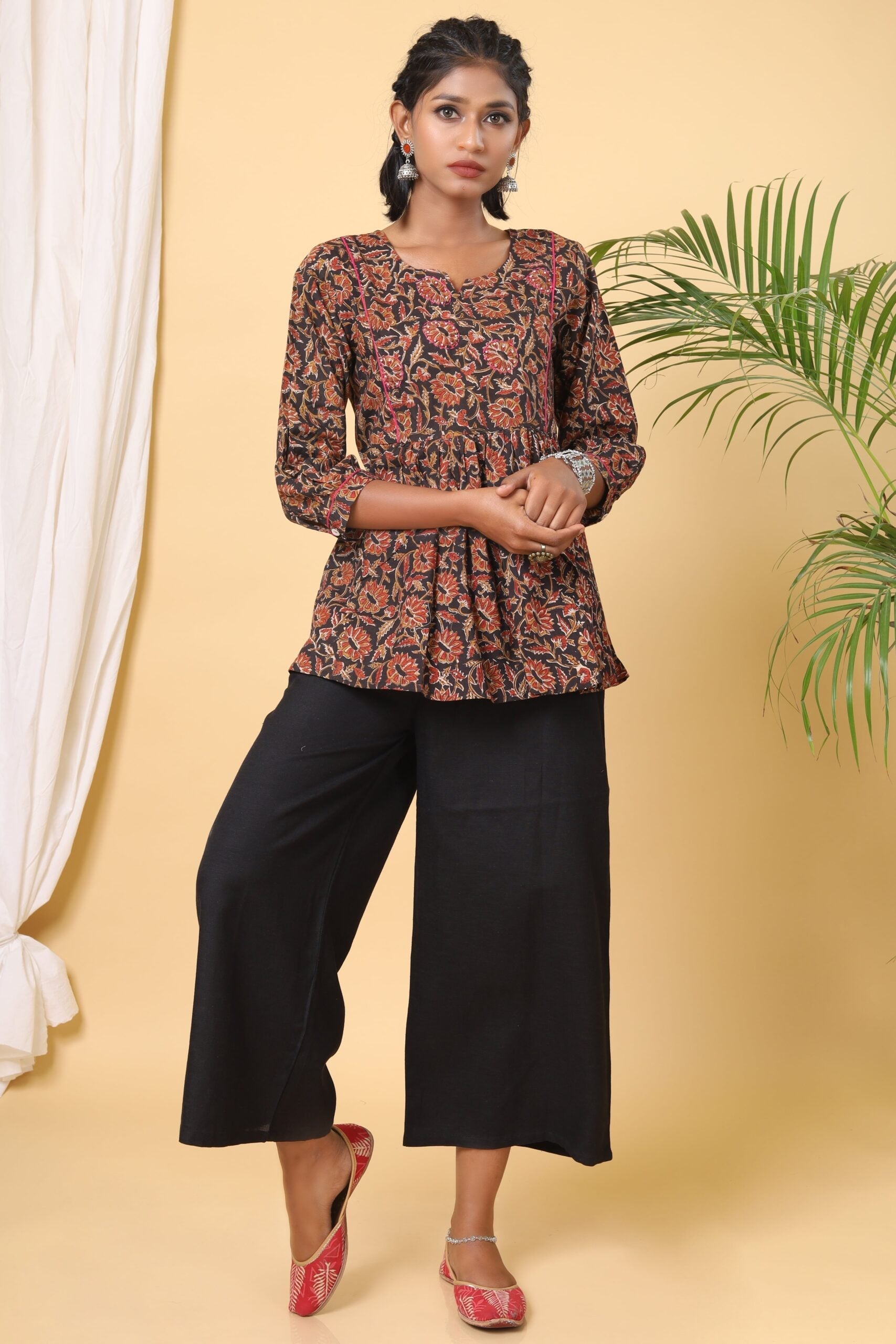 Black Floral Handblock Printed Short Top