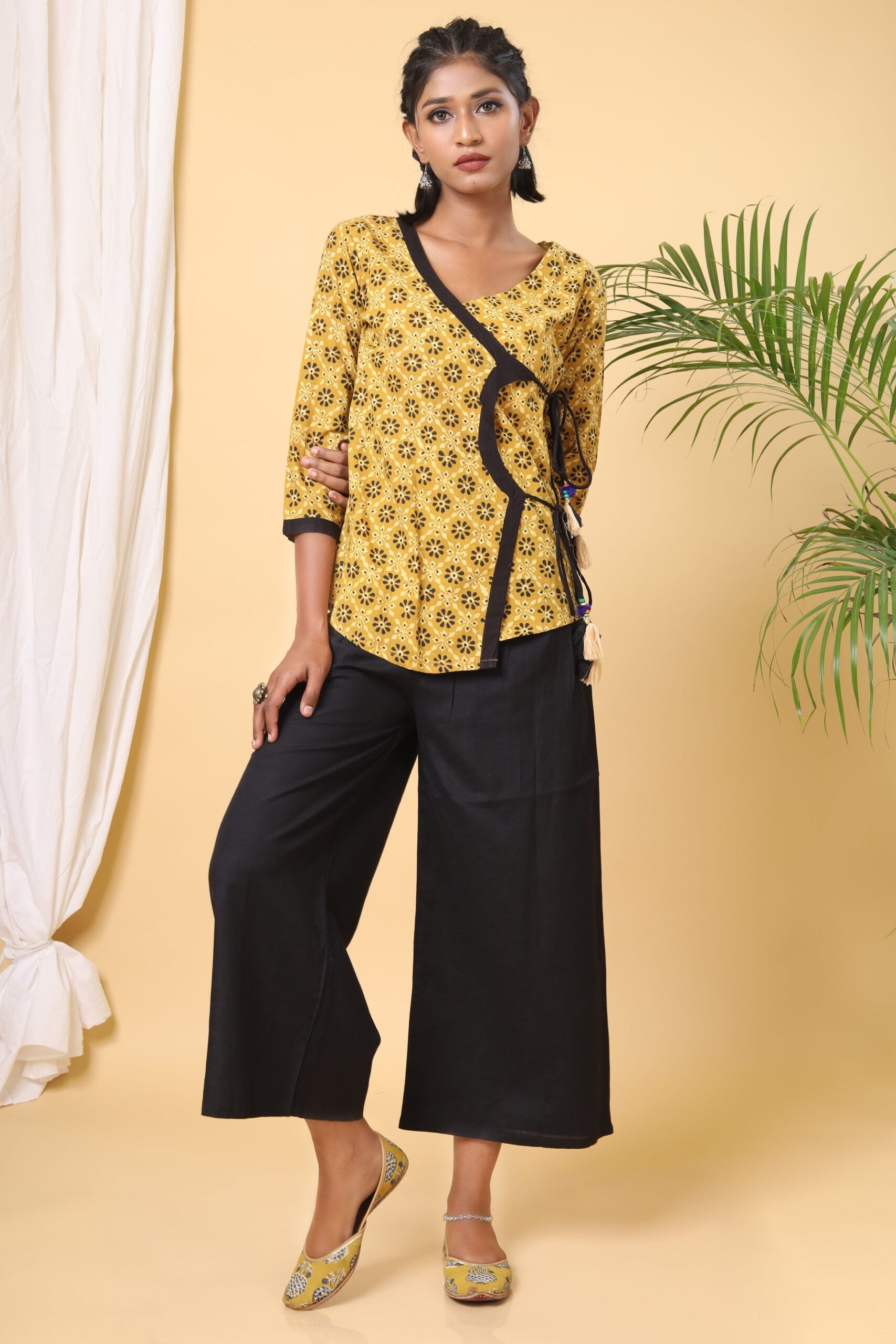 Mustard Ajarakh Handblock Print With Floral Jaal Short Top