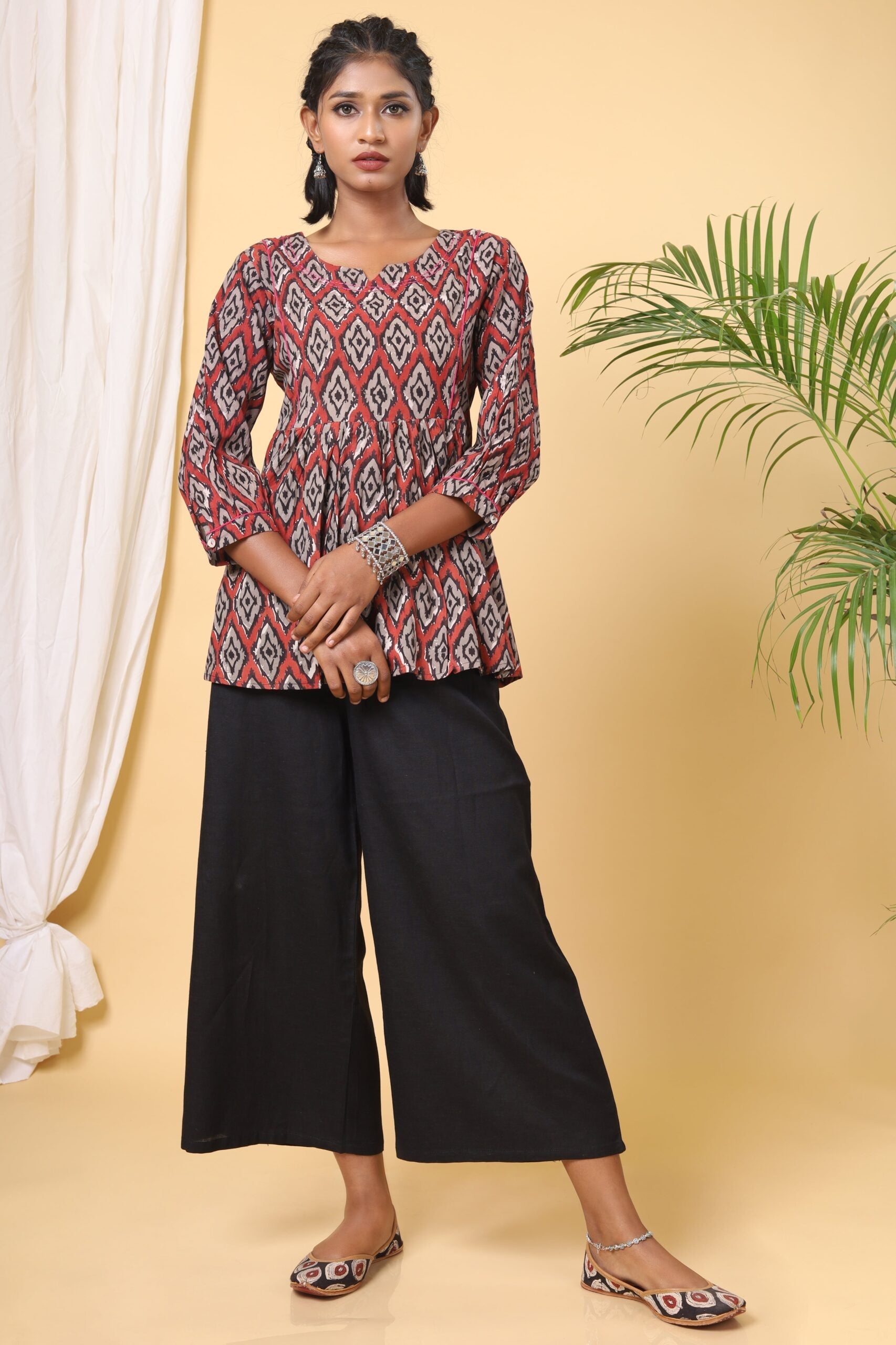 Scarlet Red Handblock Printed Tier Top