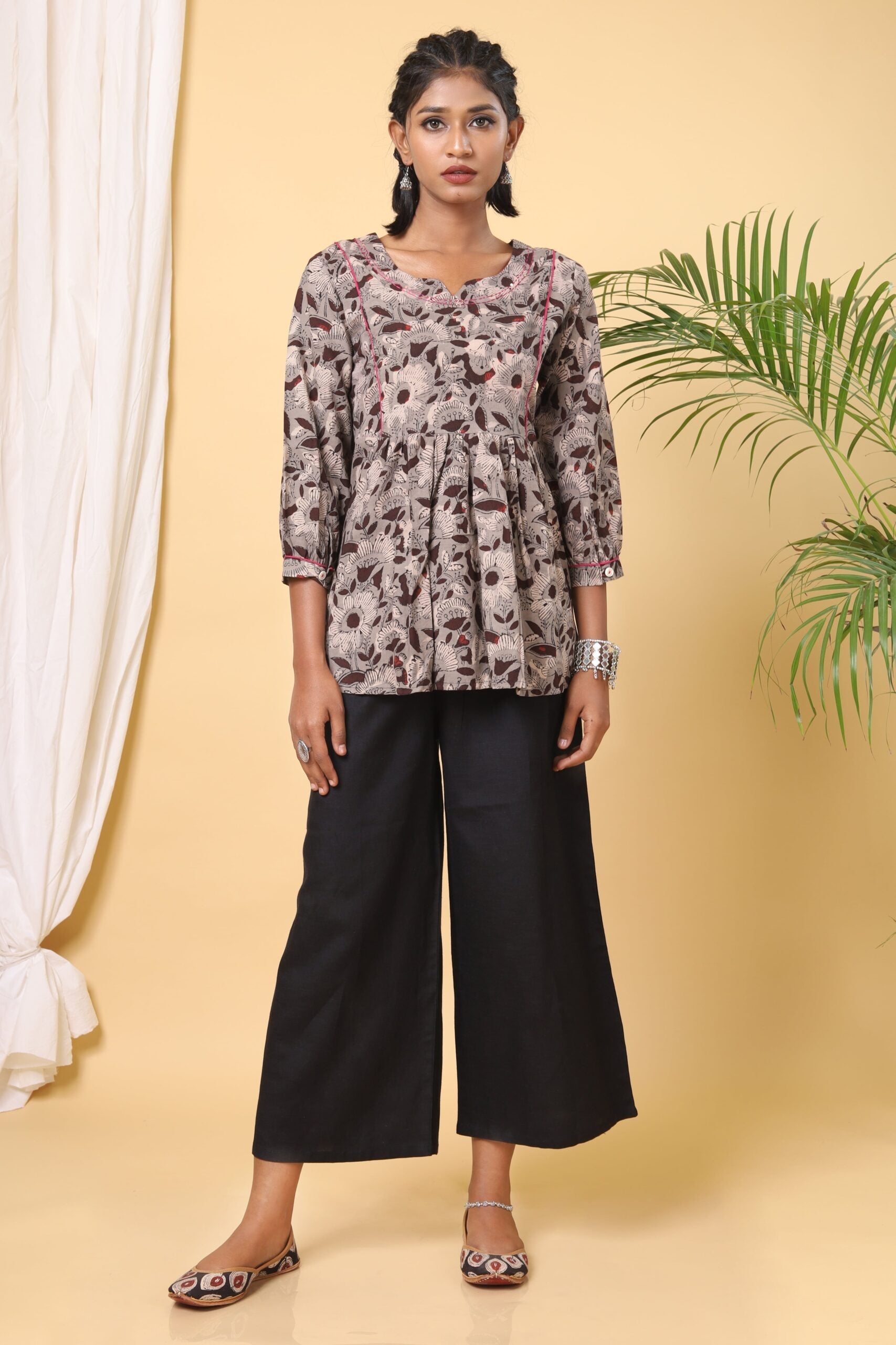 Coin Grey Floral Handblock Printed Tier Top