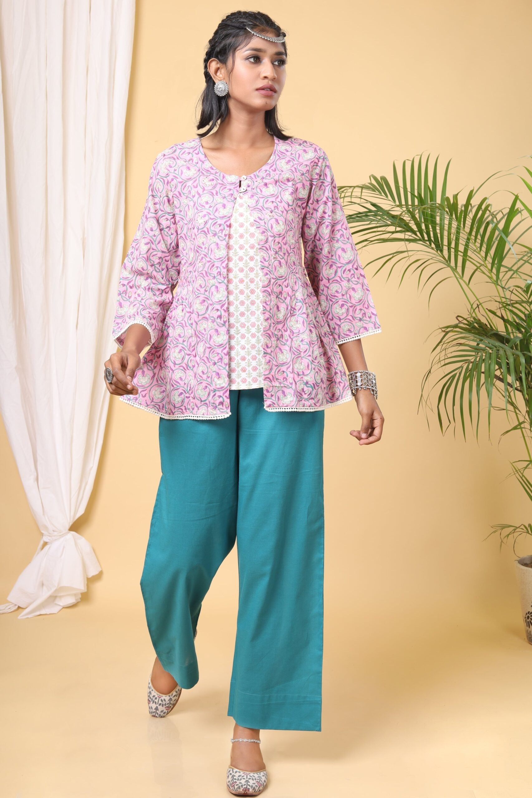 Pink and Mauve handblock printed double top.