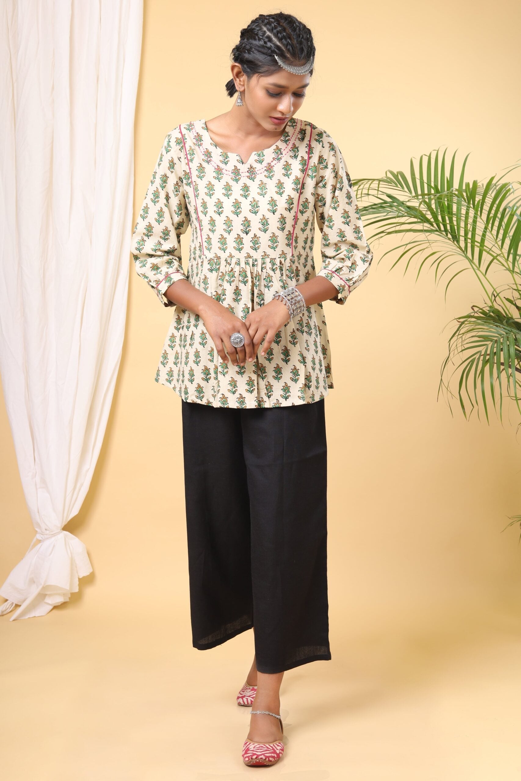 Beige and Green handblock Printed Short top