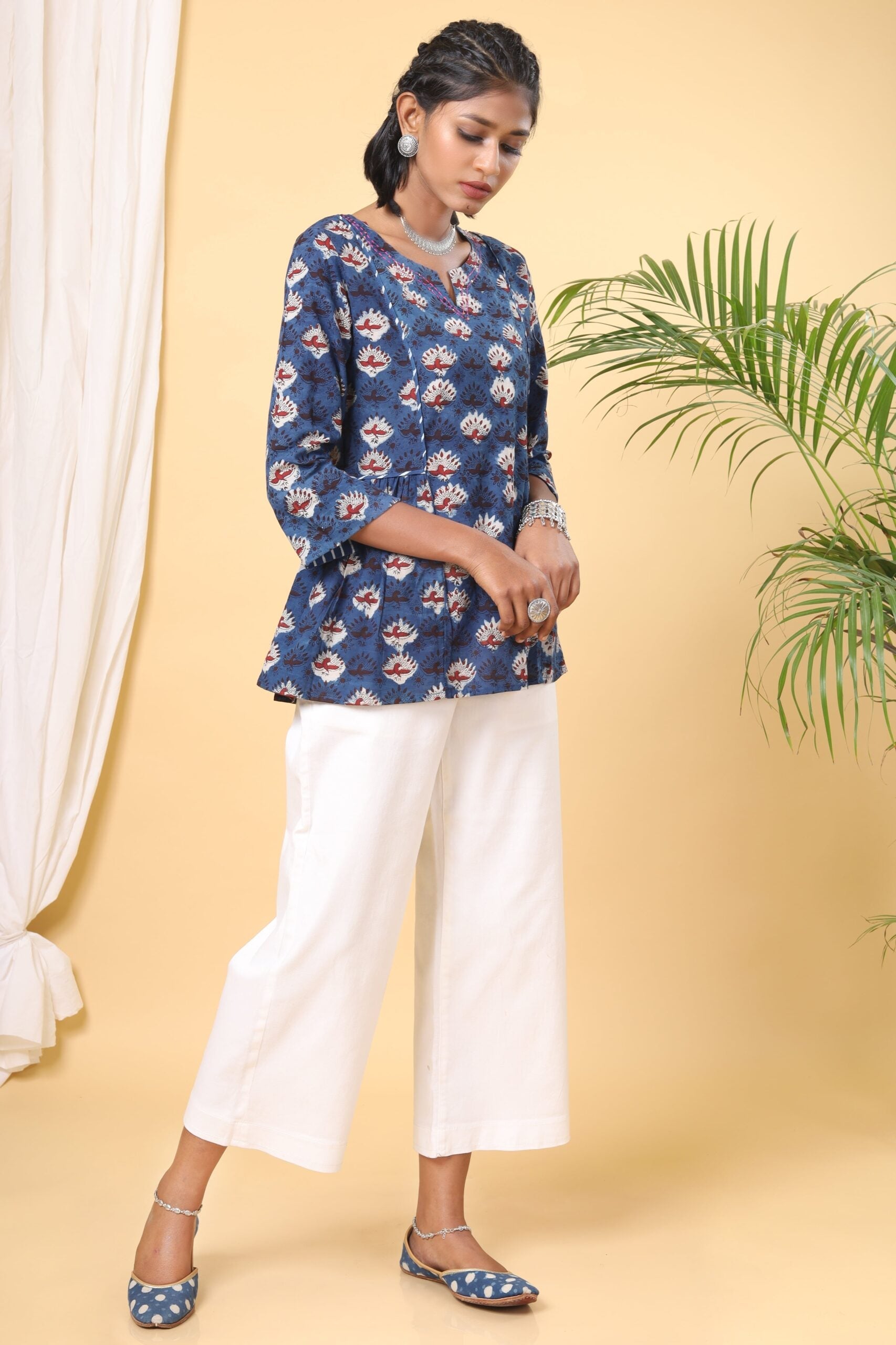 Indigo Blue Peacock Printed Handblock Short Top