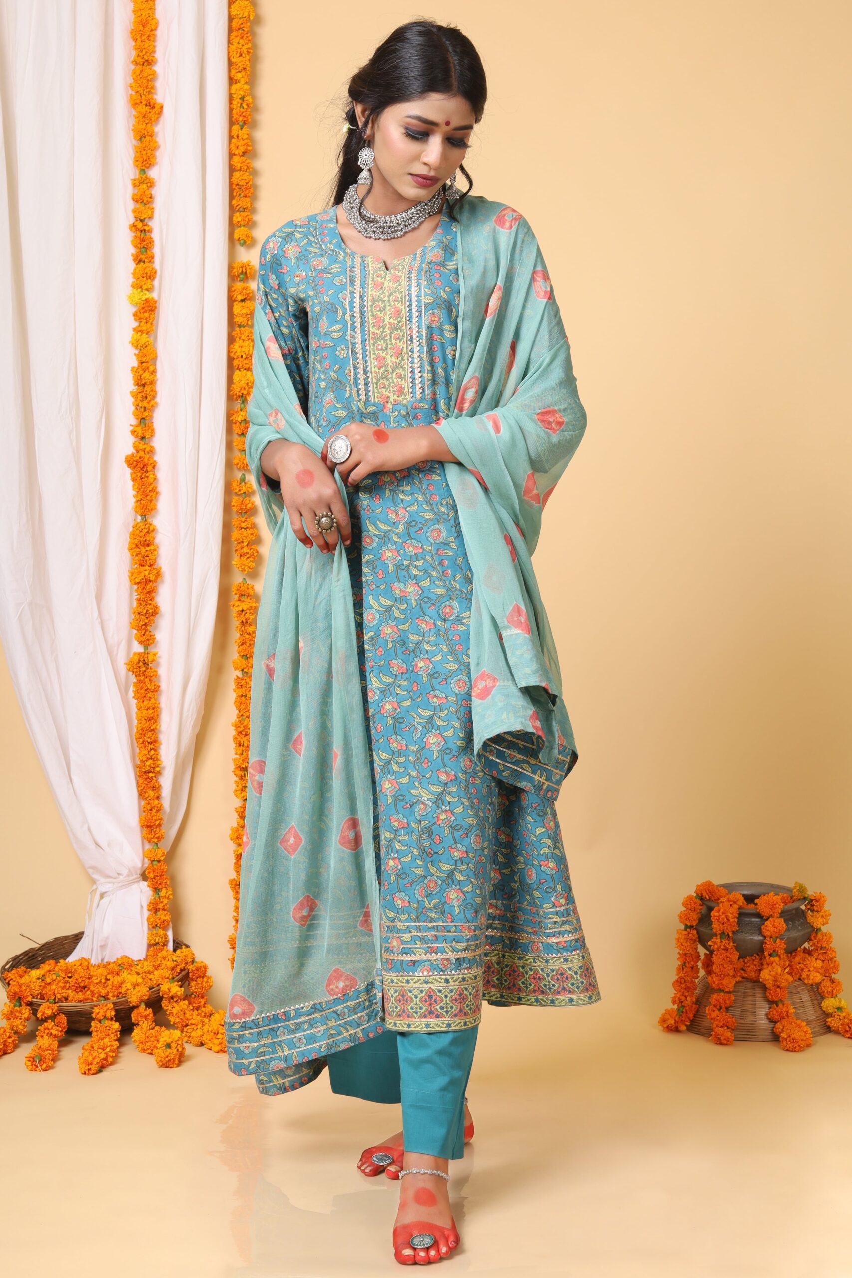 Teal Green and peach handblock printed anarkali with Chiffon Duppatta