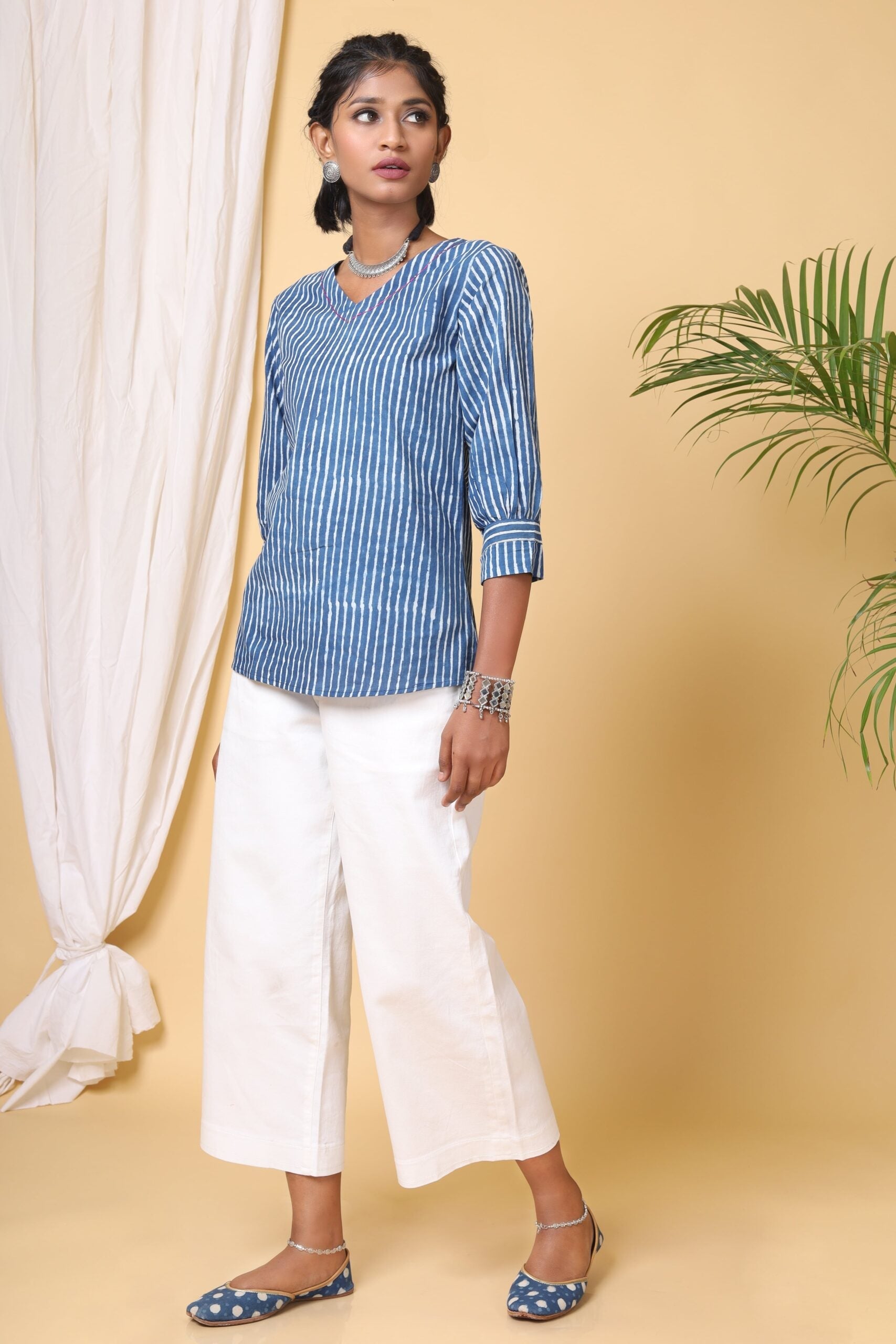 Indigo Stripes Short Top with Thread Tagai
