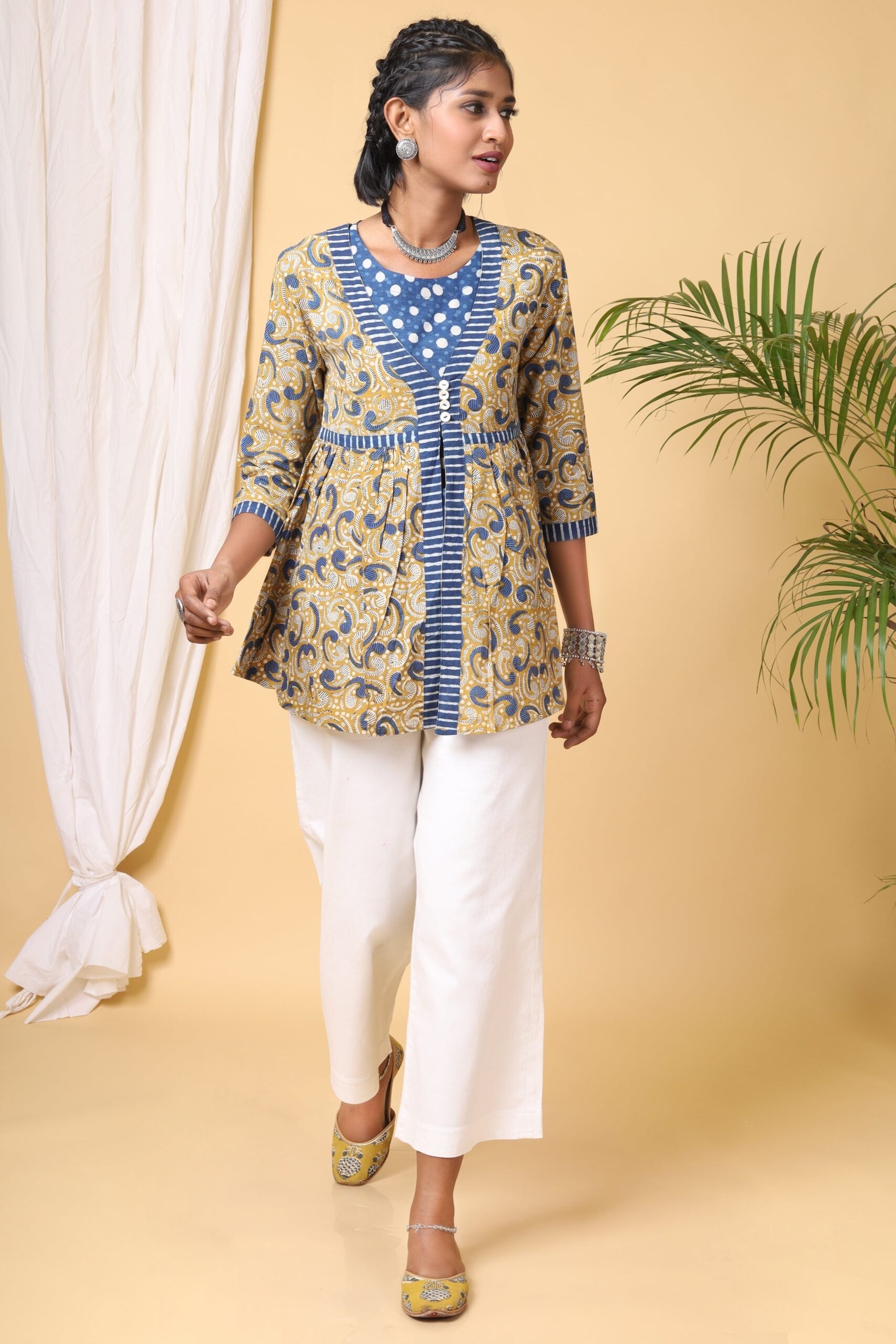 Mustard Handblock Printed Double Short Top