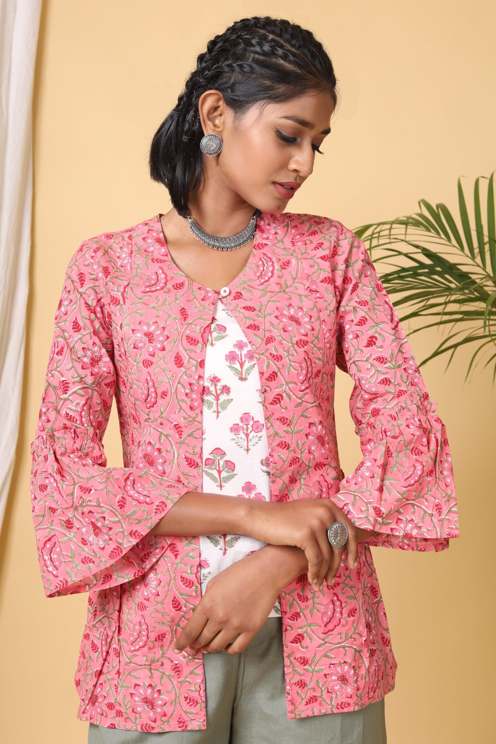 Flamingo Pink Handblock Printed Floral Double Top