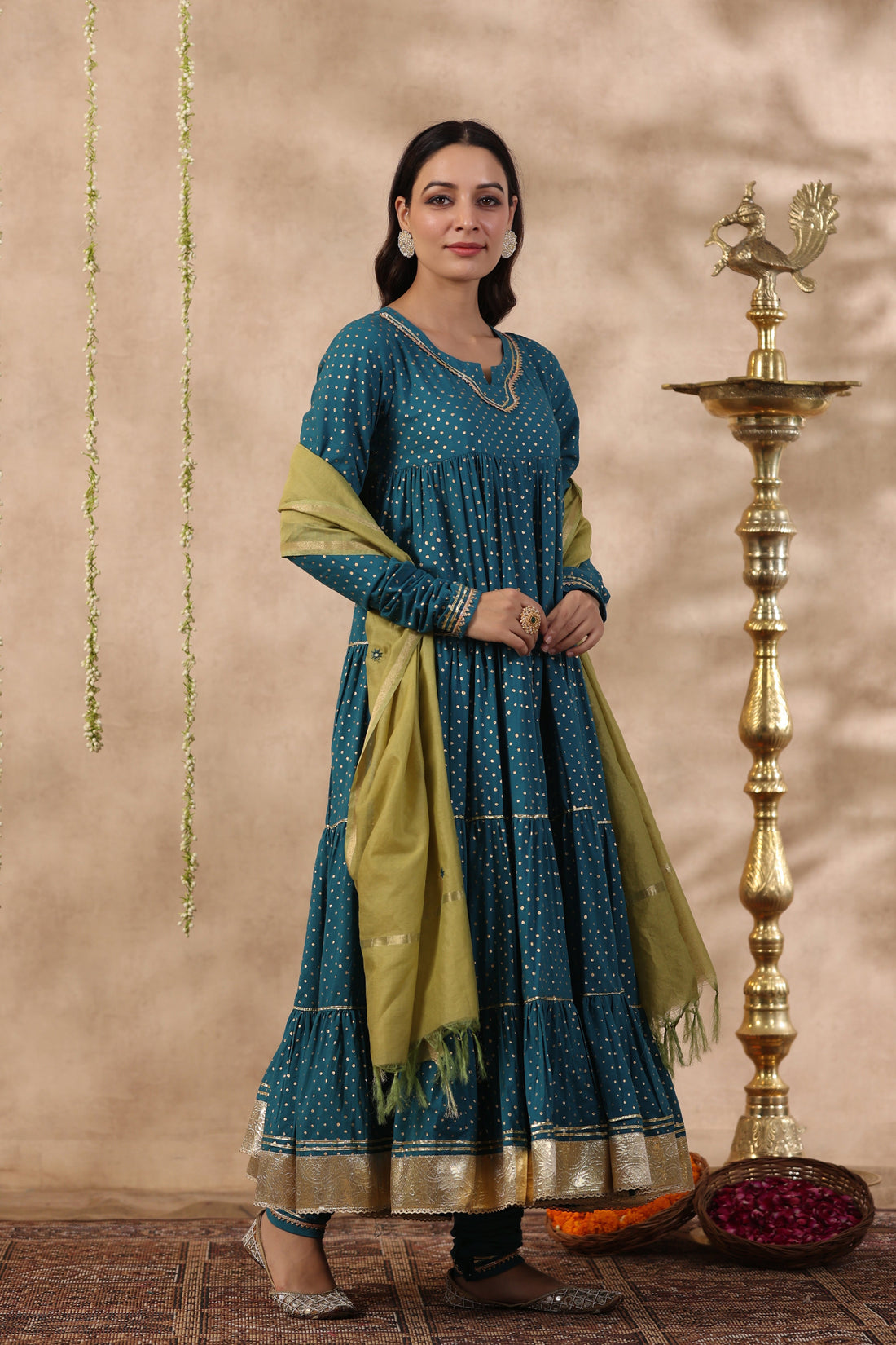 Shuddhi Teal Green tier kurta with chuddidar and duppatta