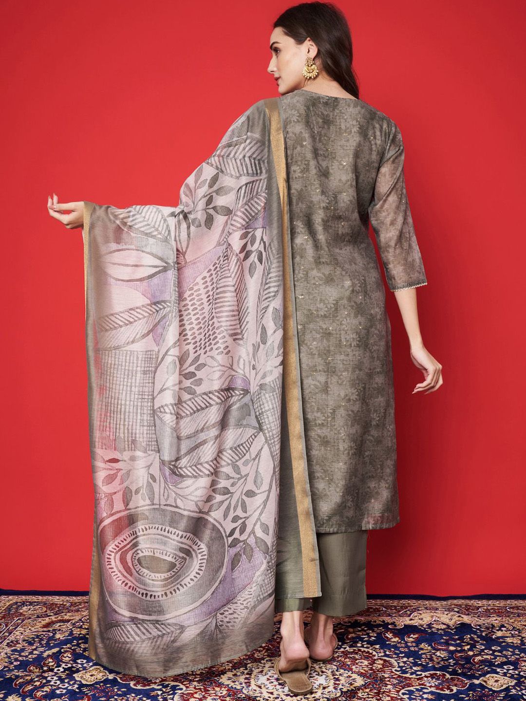 Label khoj chanderi kurta with bottom and dupptta setGreen Color
