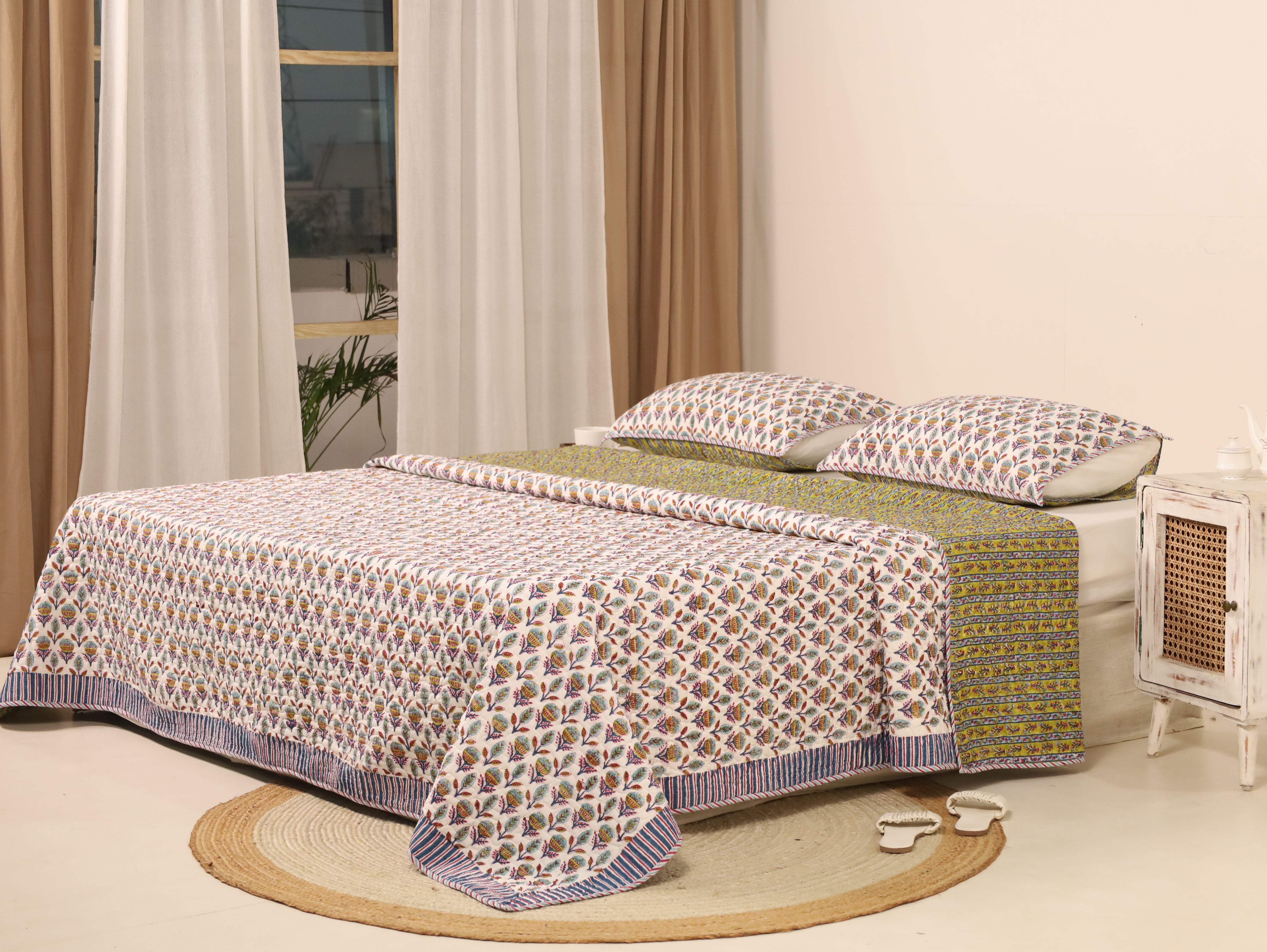 Olive Green Quiltted Reversible Bedcover