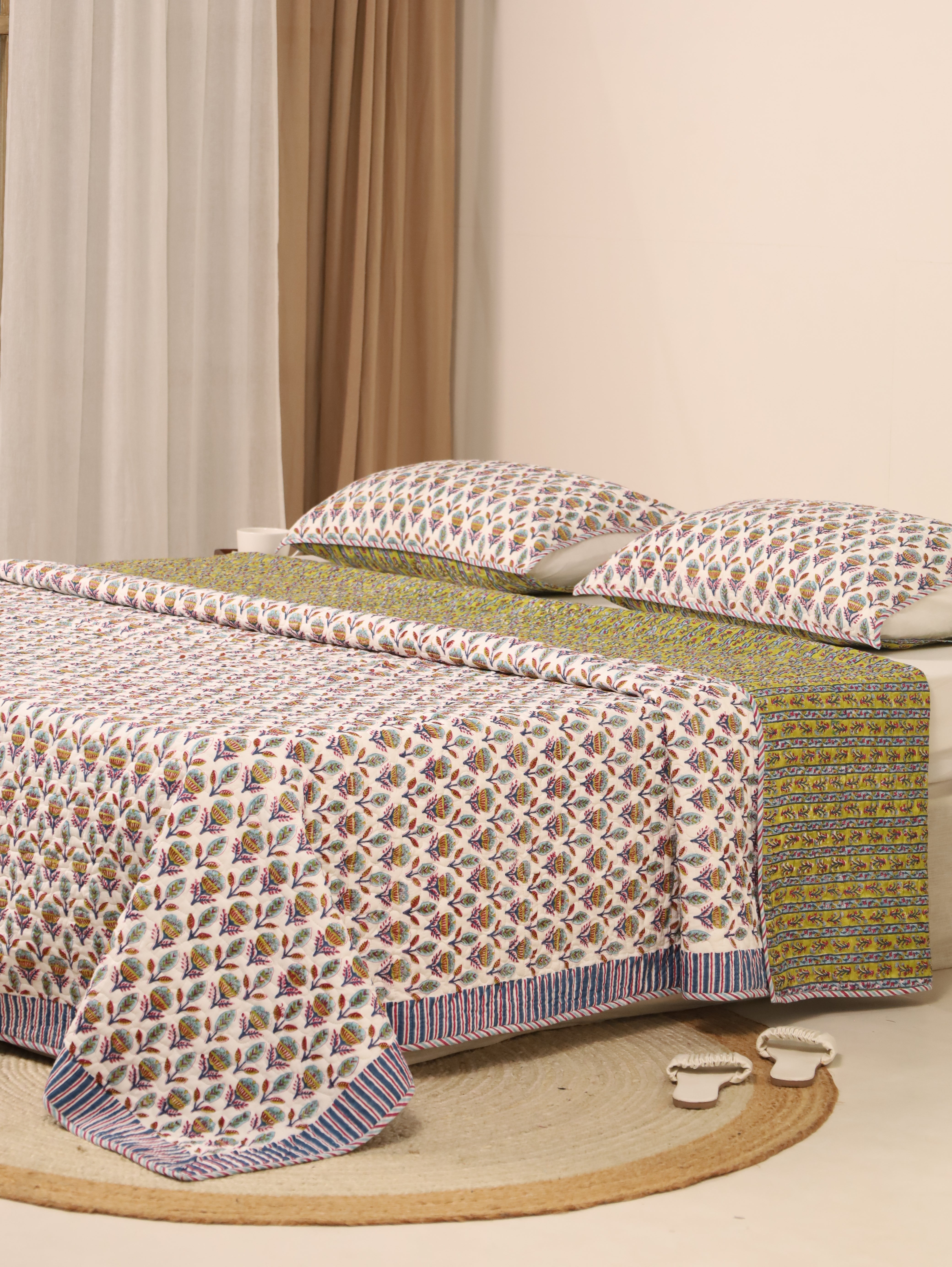 Olive Green Quiltted Reversible Bedcover