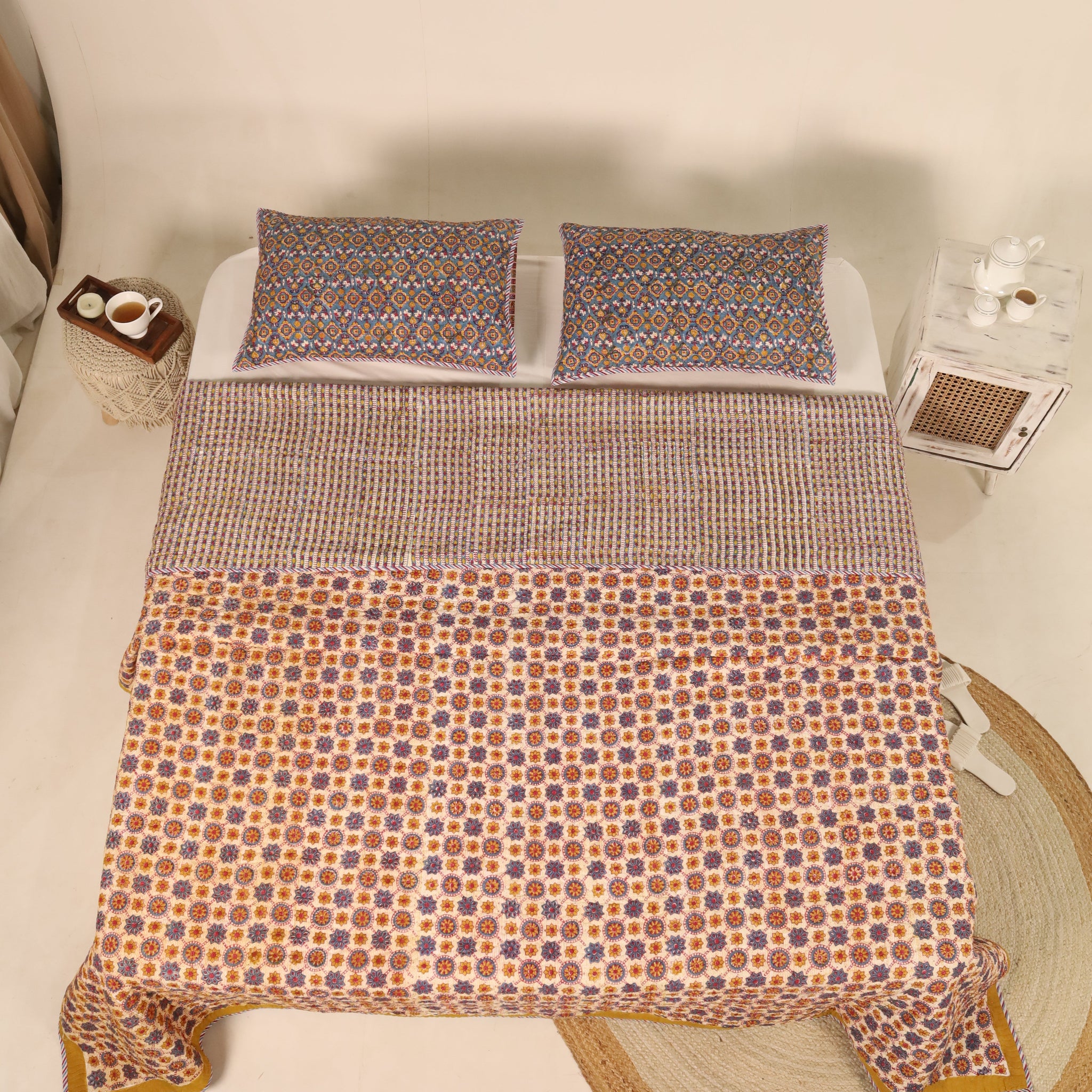 Blue and Off White Quiltted Reversible Bedcover