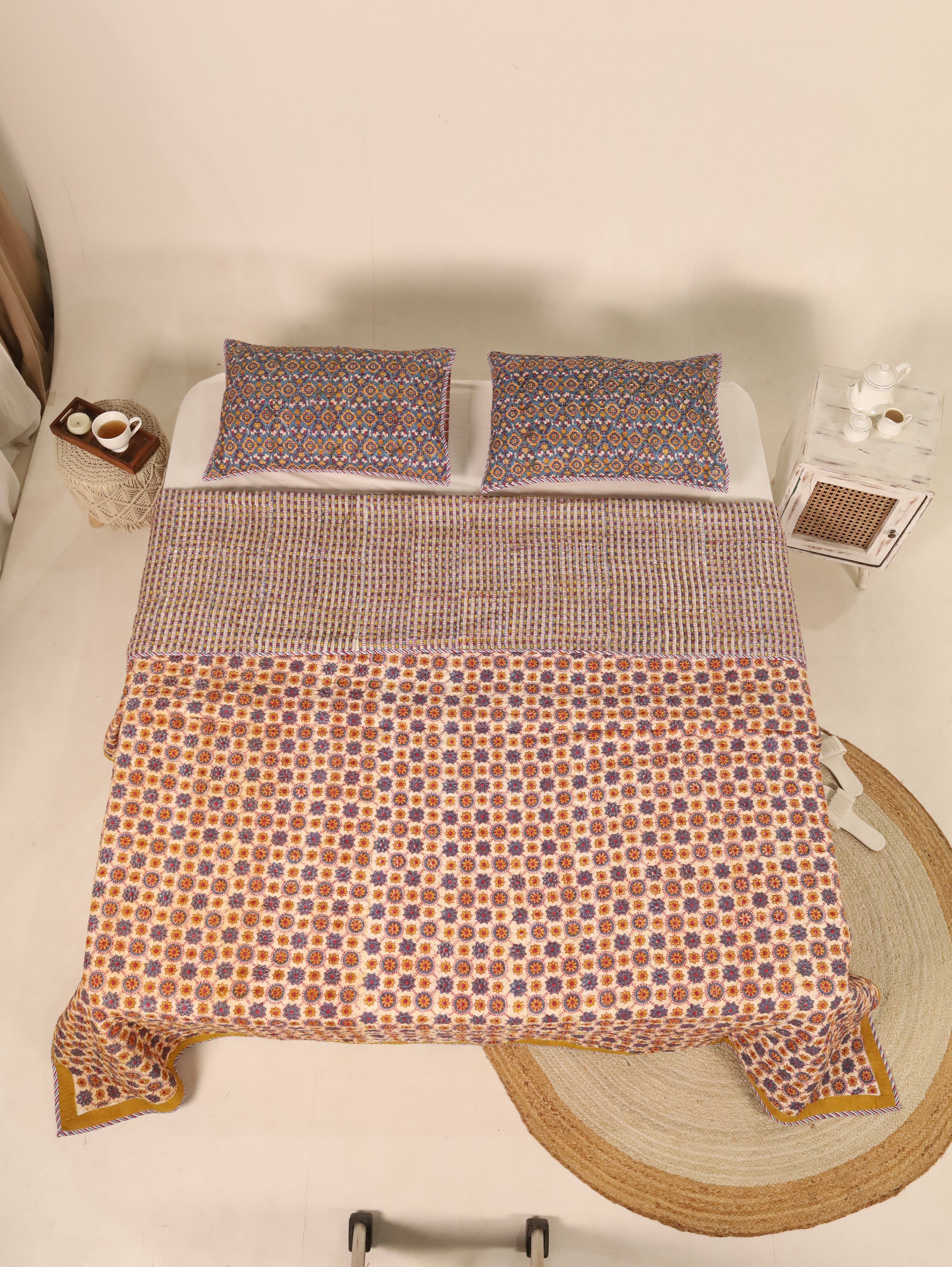 Blue and Off White Quiltted Reversible Bedcover