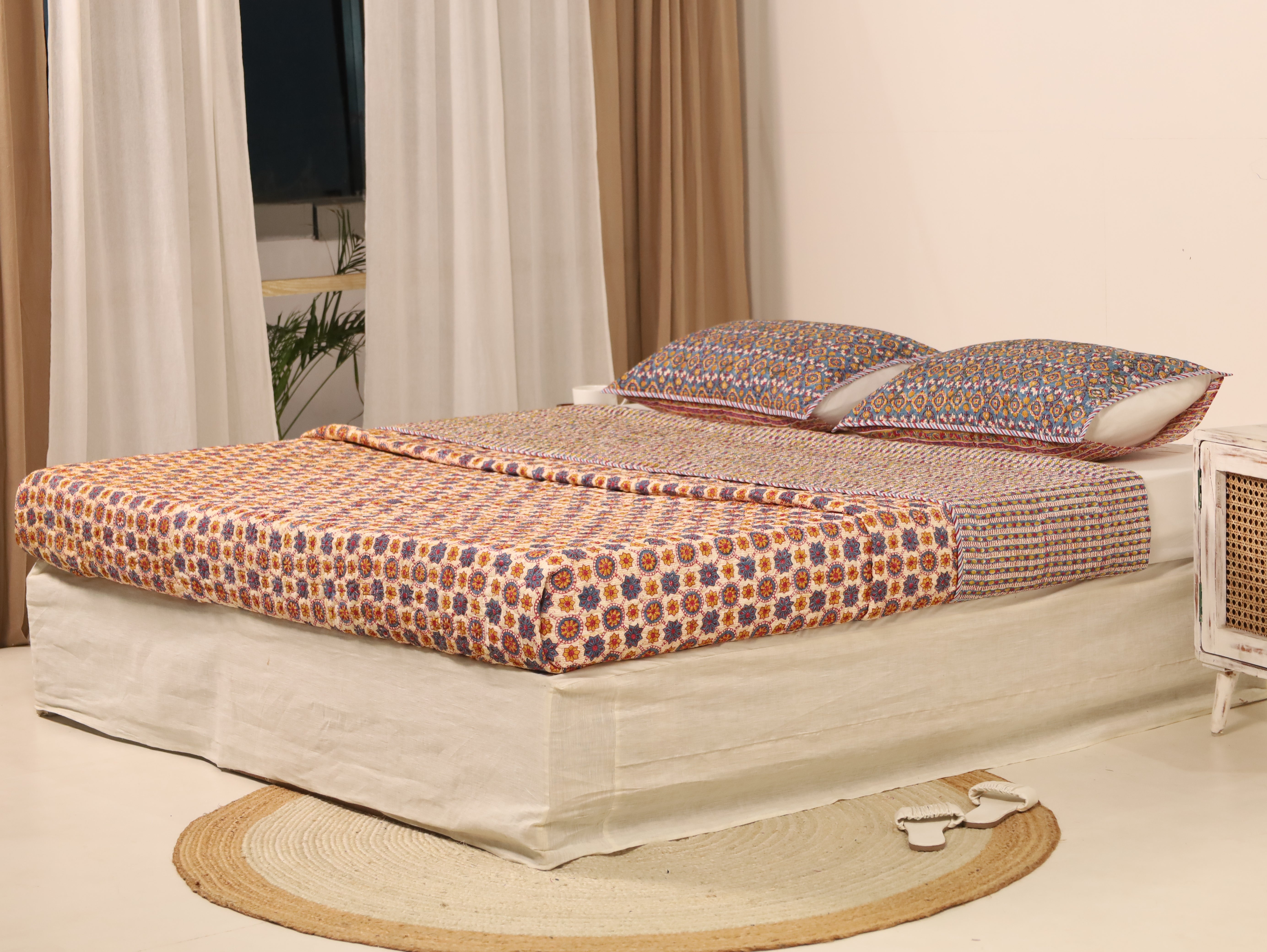 Blue and Off White Quiltted Reversible Bedcover